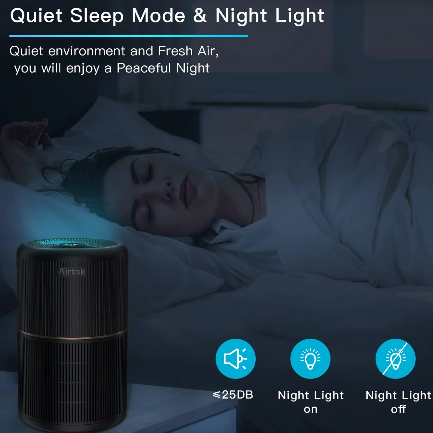AIRTOK Purificador de Aire con Filtro HEPA, 4 Etapas, 3 Velocidades, Luz Nocturna