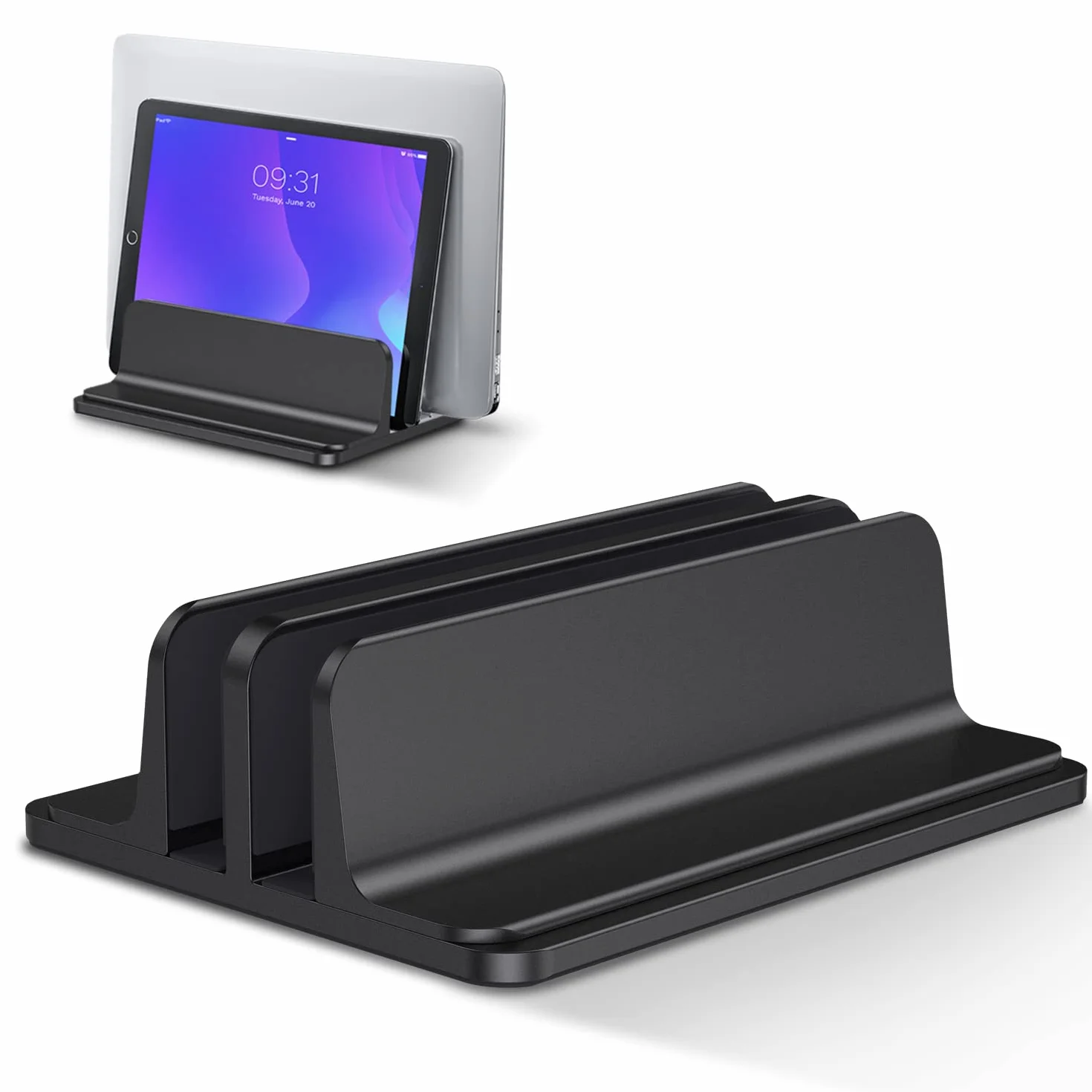 Soporte Portátil Vertical Dual, Vertical Soporte para Ordenador Portatil de Aluminio con Base Ajustable para Macbook Pro Air, HP, DELL, Surface, Lenovo y Otros Portatiles, Laptop Stand (Negro)