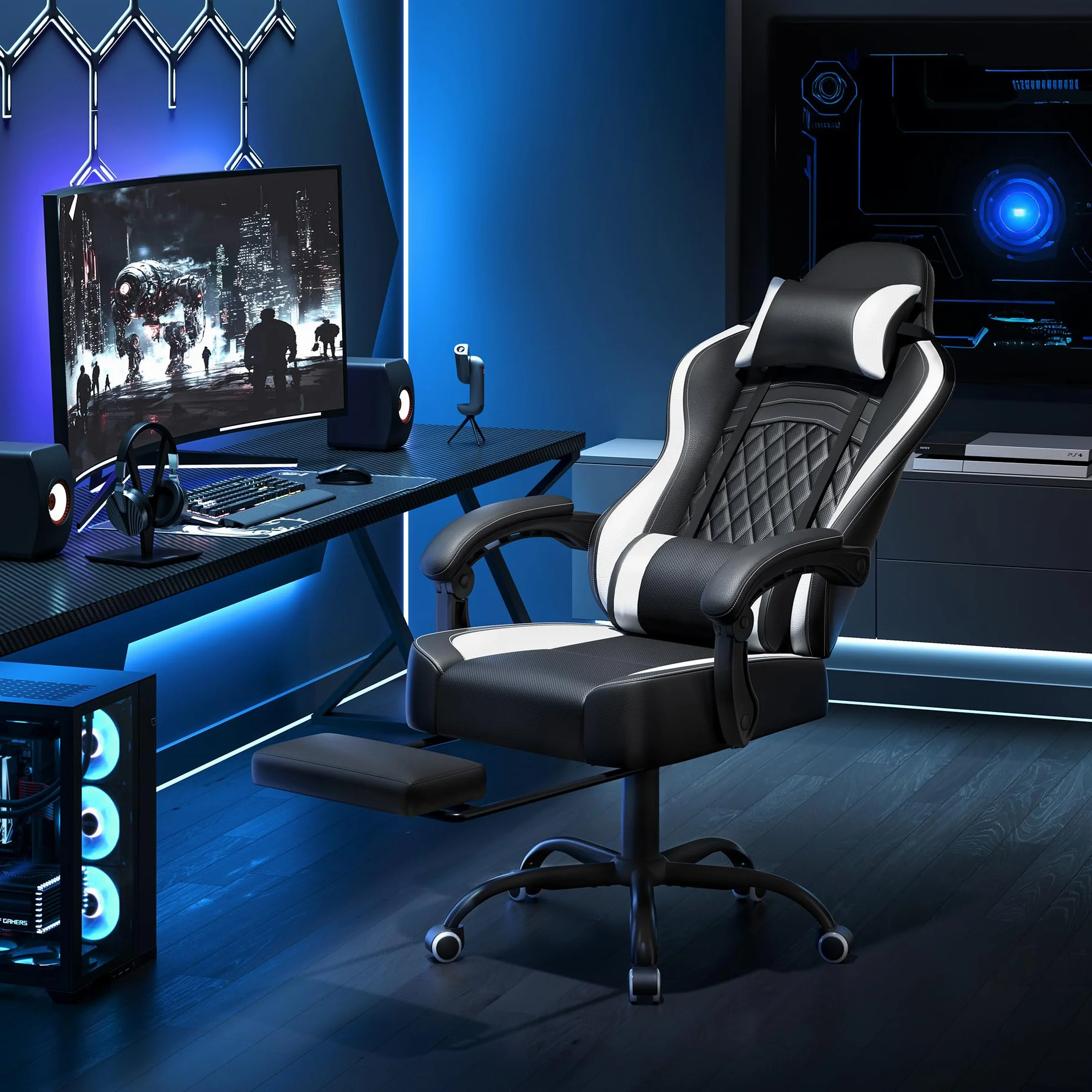 Yaheetech Silla Gaming Ergonómica con Respaldo Alto, Masaje Lumbar, Reposacabezas y Reposapiés, Ajustable, Negra/Blanca