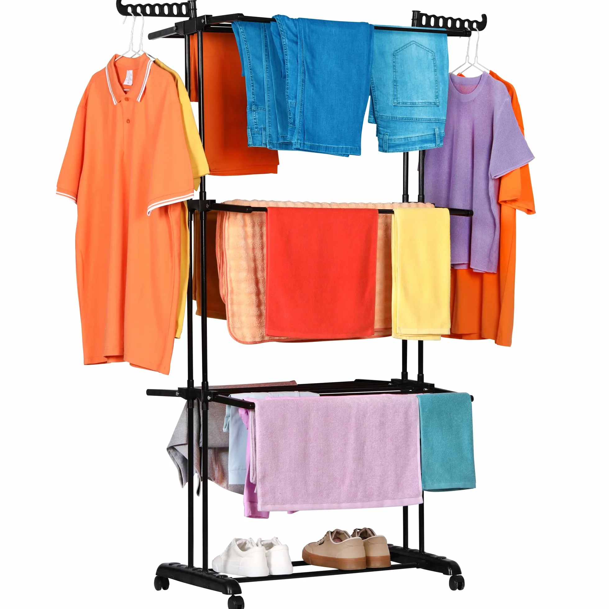 NK Tendedero Vertical Plegable 4 Niveles 6 Bandejas Retráctiles 2 Alas Laterales Zapatero Ruedas 360° Negro