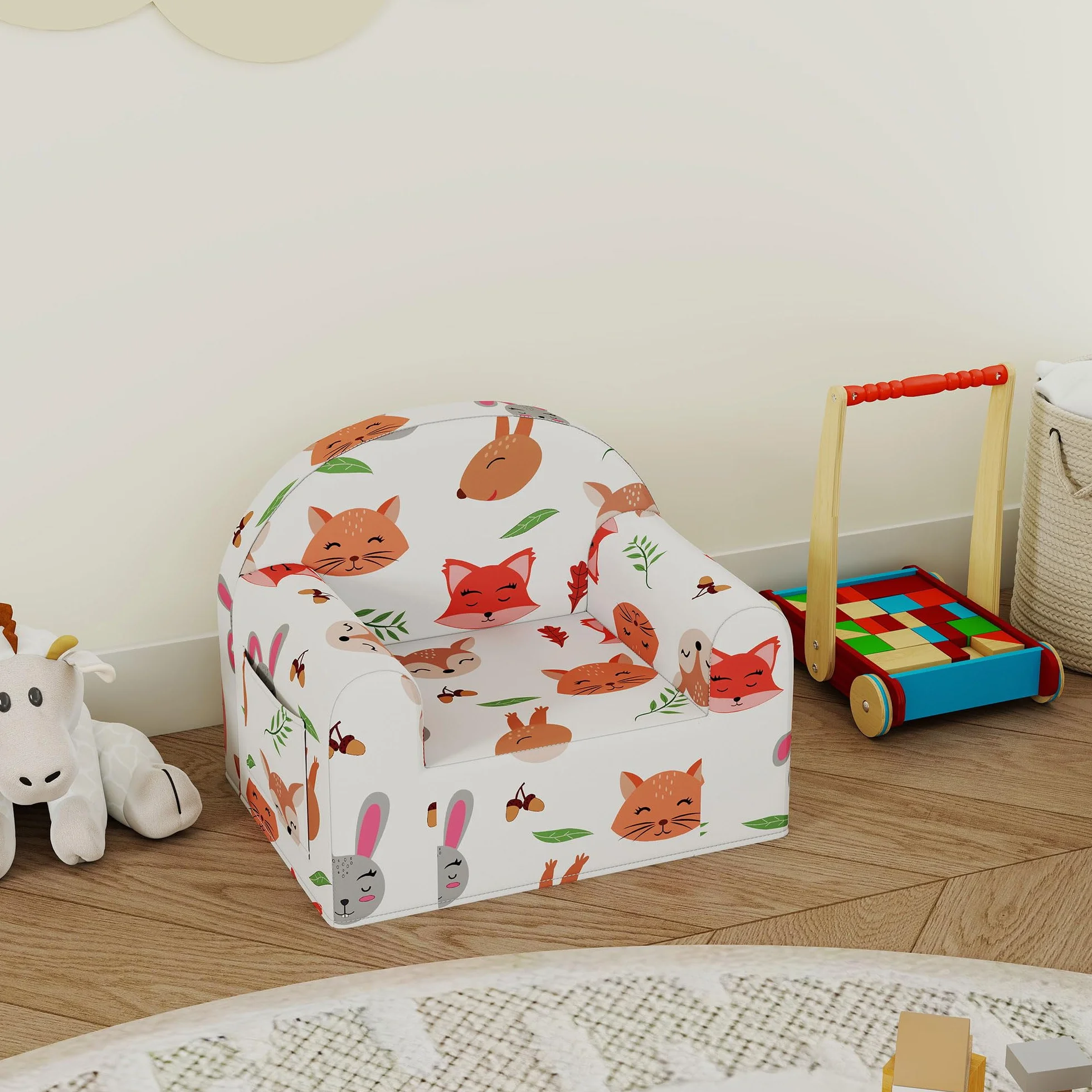 AIYAPLAY Sillón Infantil con Estampado de Zorros, Sofá para Niños 18-36 Meses, Funda Extraíble y Lavable, Carga 45 kg, Blanco