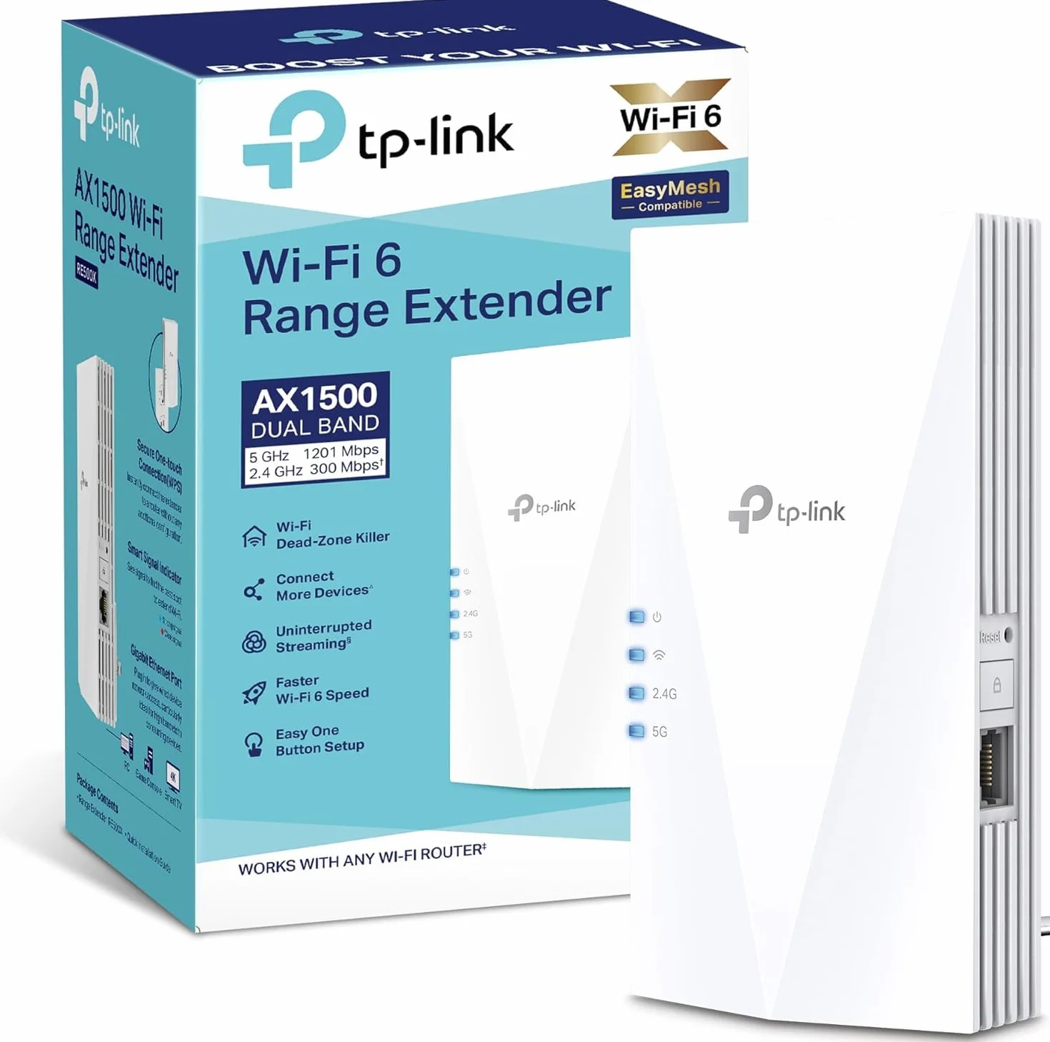[Reacondicionado] TP-Link RE500X - WiFi 6 Repetidor, AX1500 WiFi, Puerto Ethernet Gigabit 10/100/1000 Mbos, Compatible con Todos los Routers