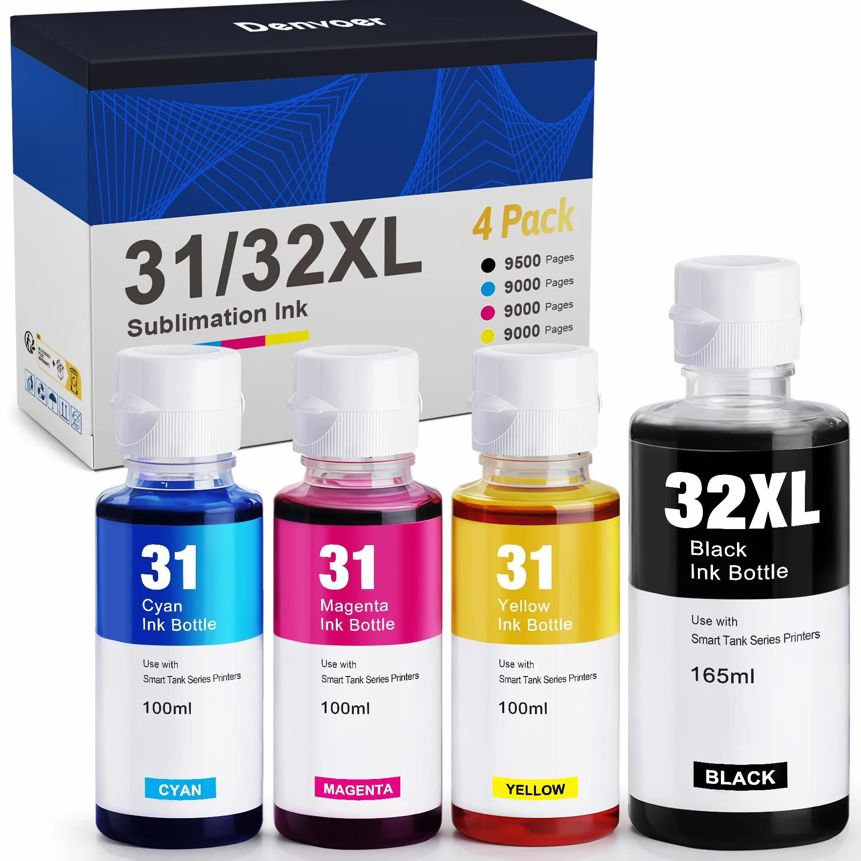 Denvoer 31 32XL Tinta Compatible con Tinta HP 31 32XL y HP Smart Tank 5105 Tinta para HP Smart Tank 5106 7005 7605 7306 7606 y HP Smart Tank Plus 555 455 515 530 655 750 Impresoras (4 Botellas)