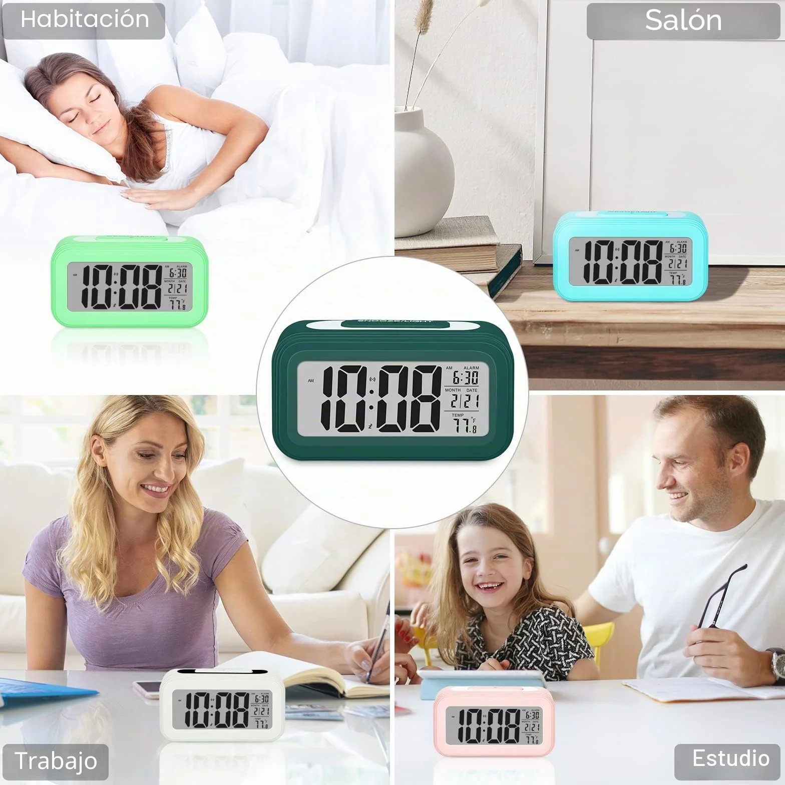 Despertador Digital Silencioso Inteligente a Baterías con LED Luminoso Función Snooze Fecha Temperatura Verde Oscuro