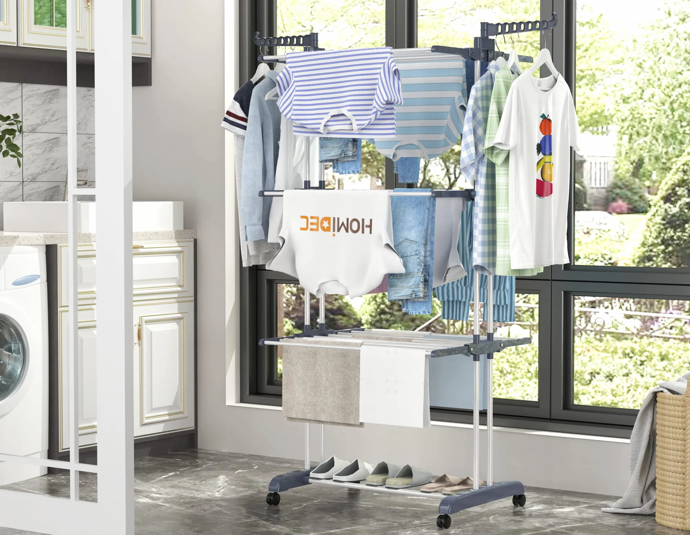 HOMIDEC Tendedero Plegable Vertical 4 Niveles con Ruedas, Acero Inoxidable, Exterior e Interior, Gris