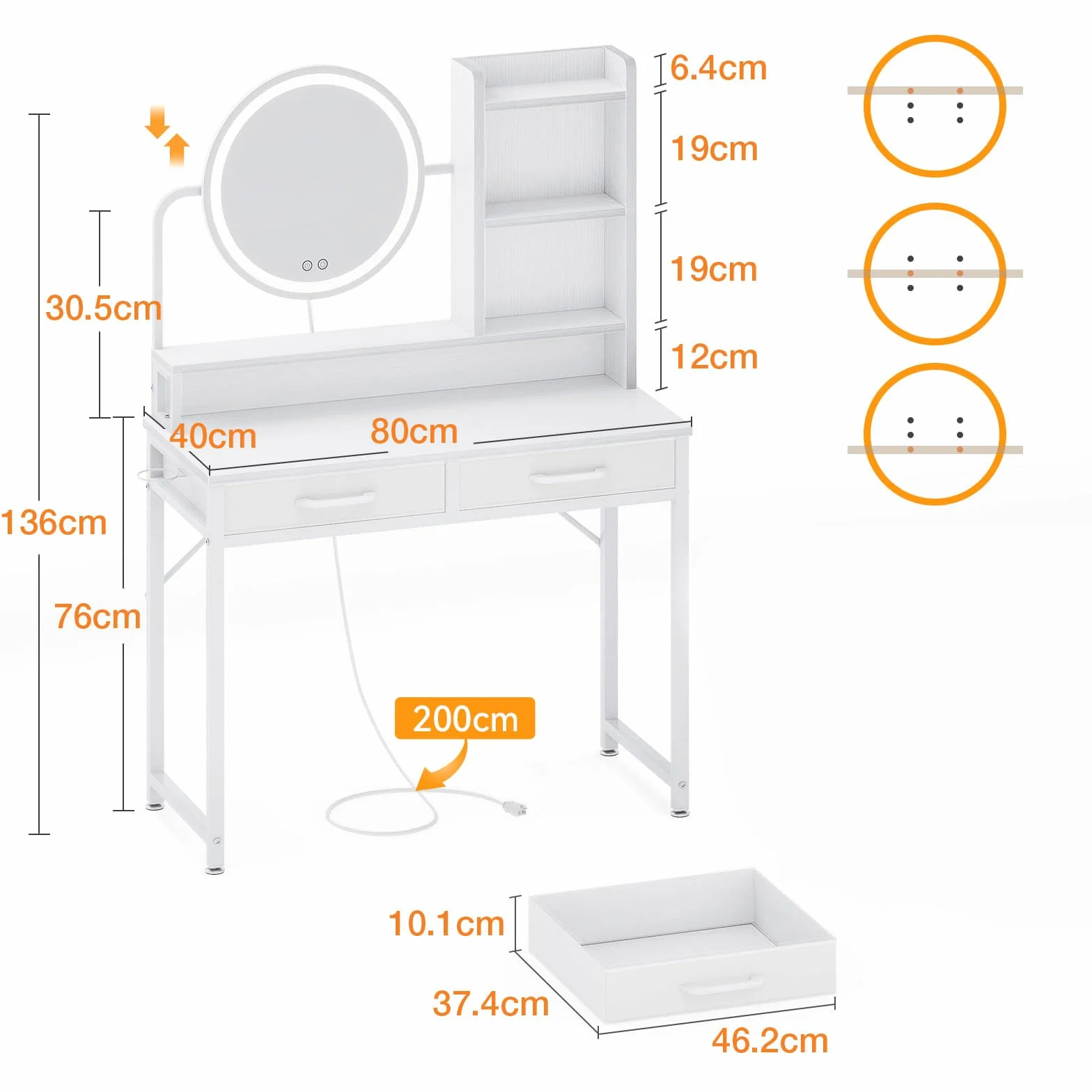 ODK Tocador con Luces LED, Altura Ajustable 120-180 cm, 2 Cajones, 80x40x136 cm, Blanco