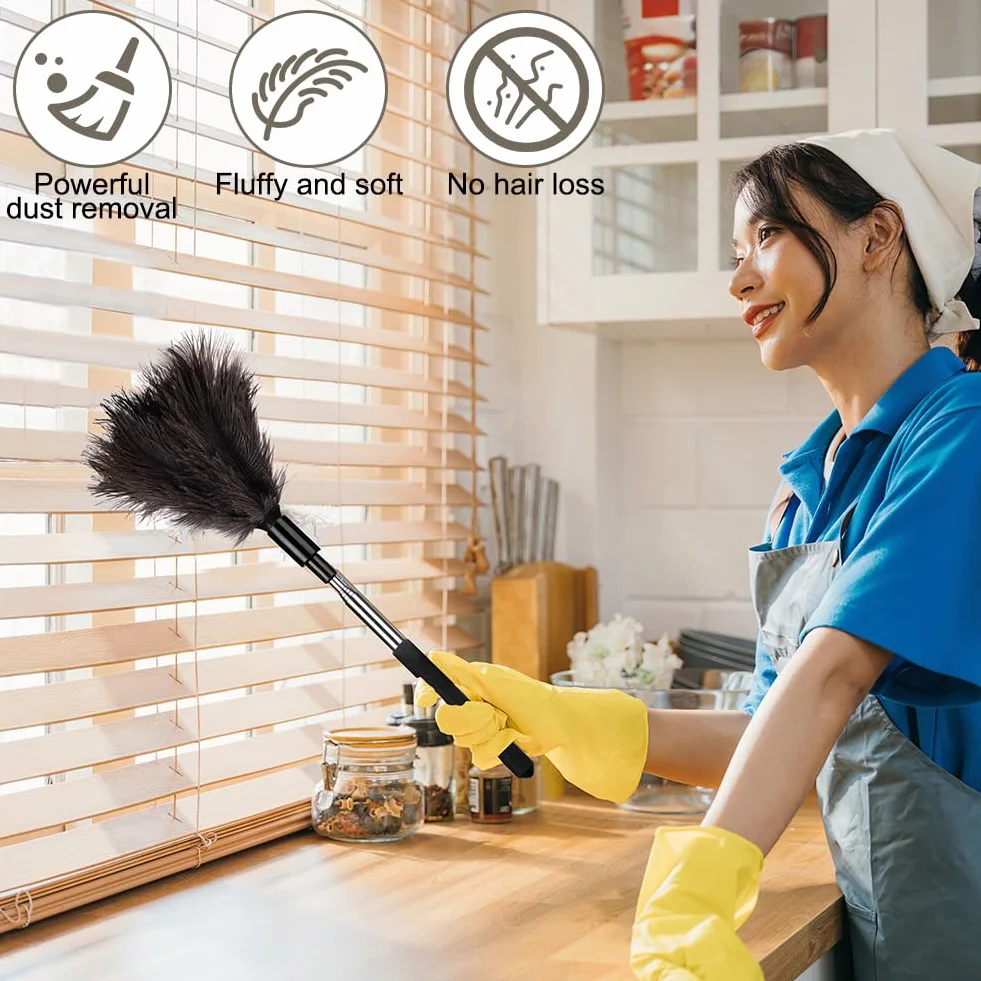 Vicloon Plumero de Plumas de Avestruz Duster Atrapapolvo 38-85cm Extensible Ajustable Lavable Mango de Acero Inoxidable