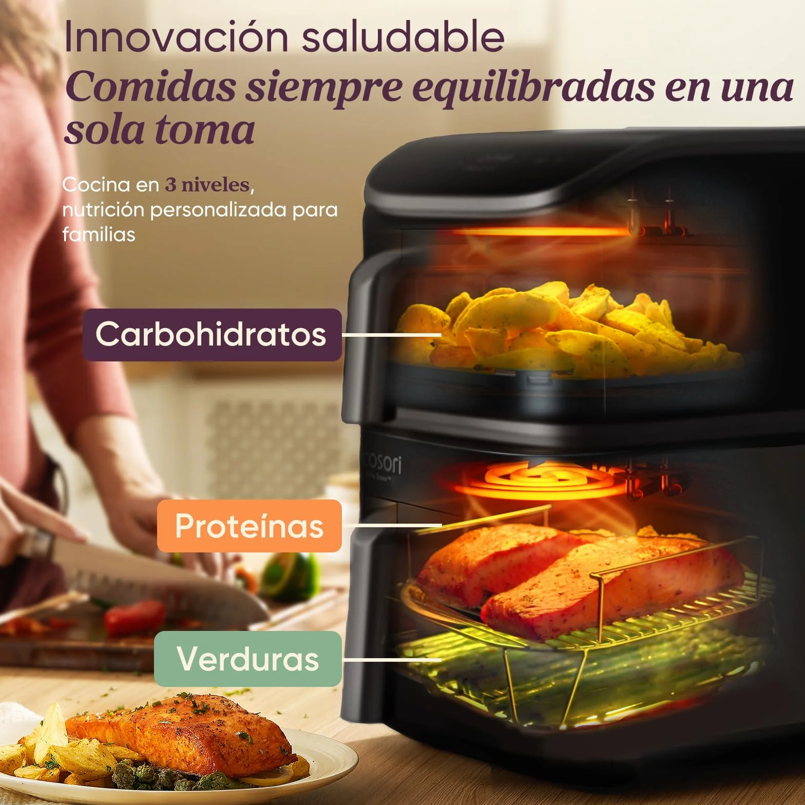 Cosori Freidora de Aire Turbo Tower Grande 10.8L Doble Cesta Vertical Turbo Blaze 6 en 1 2630W