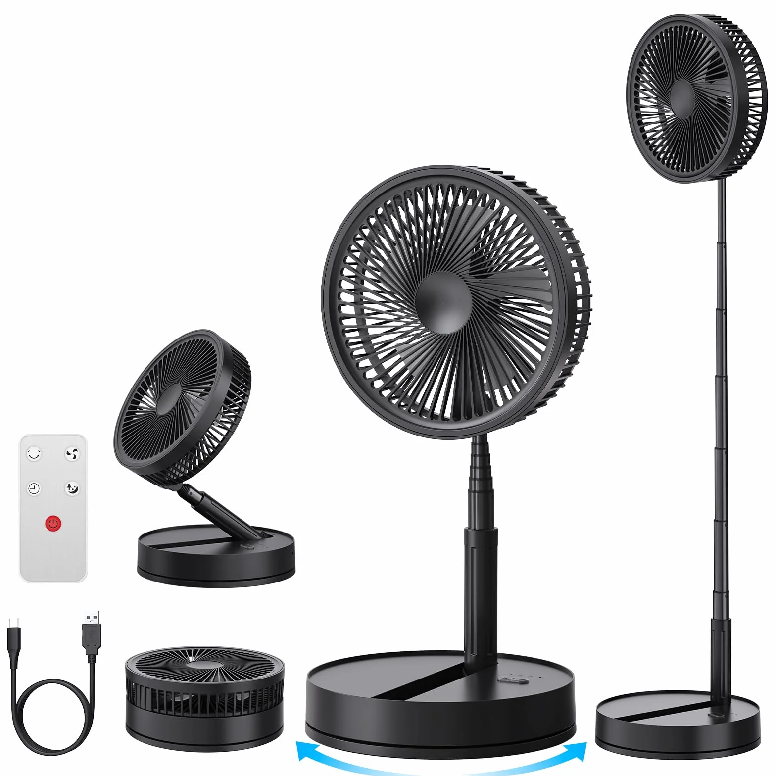Ventilador de Pie Portatil Silencioso - 8,6" Plegable Suelo/Mesa Fan con Mando a Distancia, 8000mAh Bateria USB C Recargable, 4 Modos, Temporizador, Auto-rotación, para Dormir Oficina Camping (Negro)