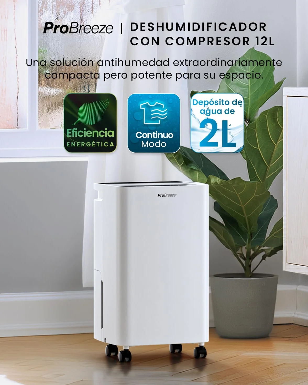 Pro Breeze Deshumidificador con Compresor 12L, Depósito 2L, Sensor Humedad, Temporizador 24H, 20m²