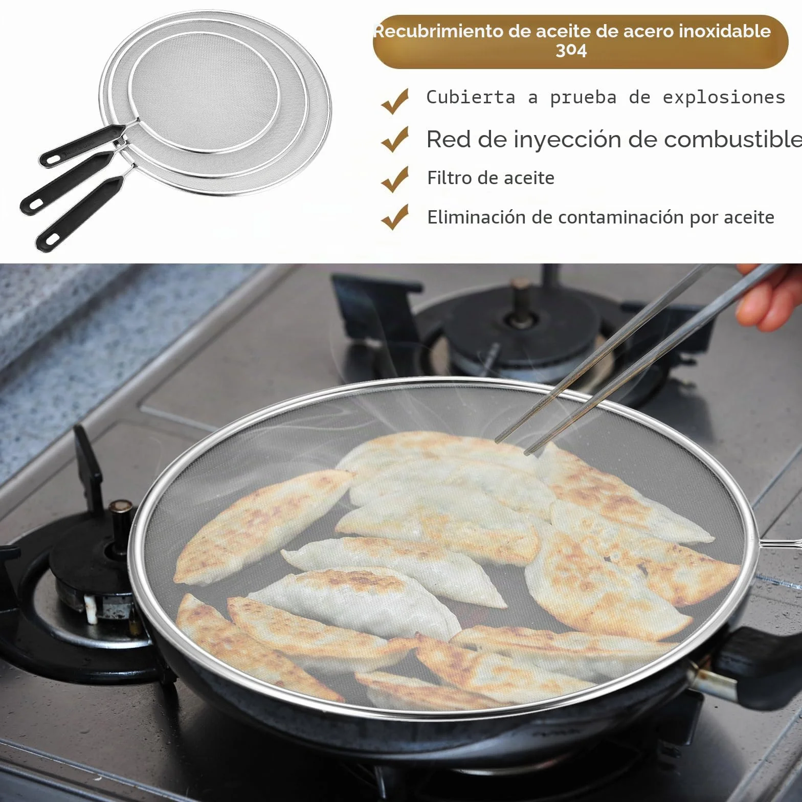 Tapa Antisalpicaduras Cocina Acero Inoxidable Malla Anti-Salpicaduras Mango 19/25/29cm 3 Piezas