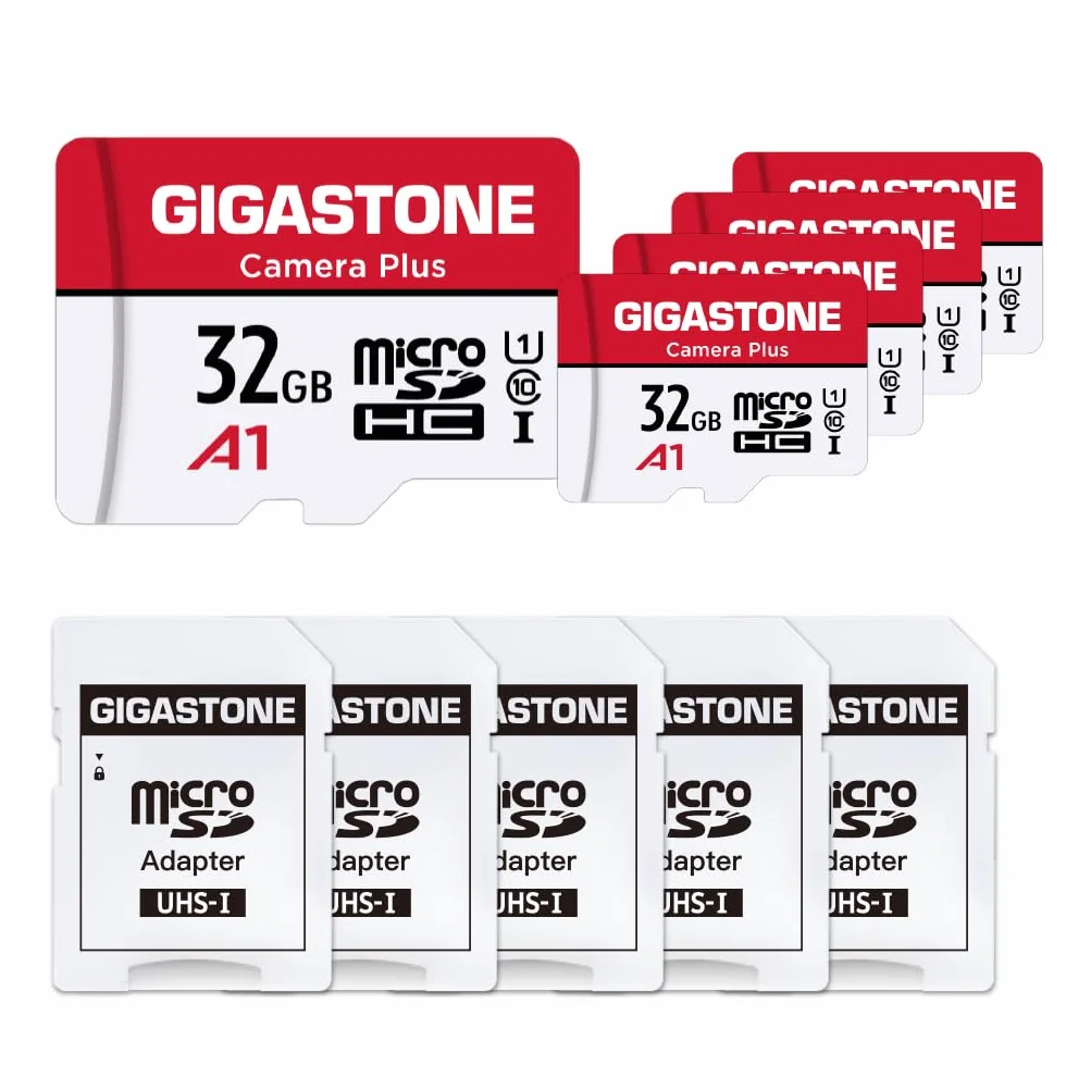 GIGASTONE 32GB Tarjeta de Memoria Micro SD, Paquete de 5, Camera Plus, Compatible con Nintendo Switch, Alta Velocidad 90 MB/s, Grabación de Video Full HD, Micro SDHC UHS-I A1 Class 10, con Adaptador