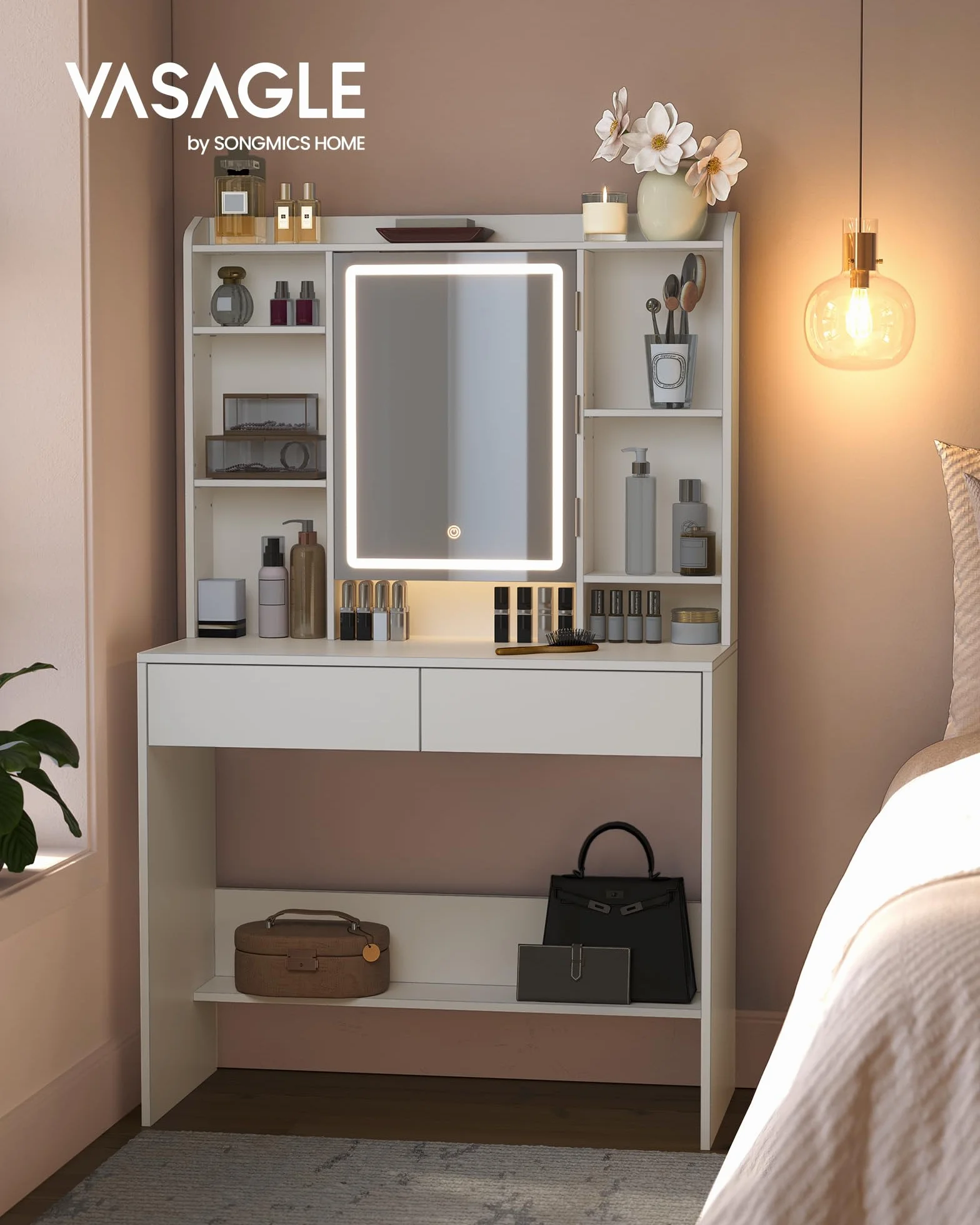 VASAGLE Kailyn Colección Tocador con Luces LED de 3 Colores Brillo Ajustable Mesa de Maquillaje Espejo Estantes Ajustables 2 Cajones Blanco