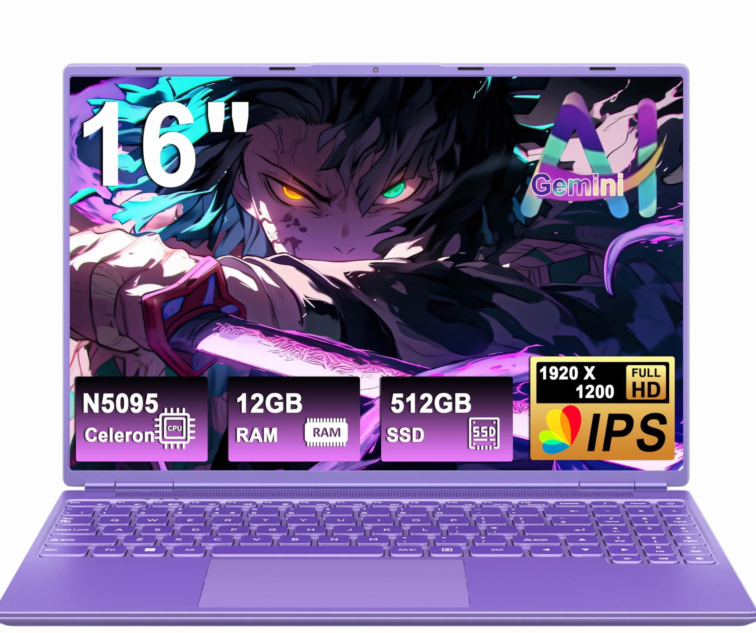 Ordenador Portátil 16 Pulgadas Celeron N5095 Up to 2.9Ghz, Portátil Win 11 con 5G WiFi 12+512GB SSD Expansión 1TB, BT 4.2 Mini Puerto Multimedia Portatiles Ventilador Refrigeración 1920*1200-Morado
