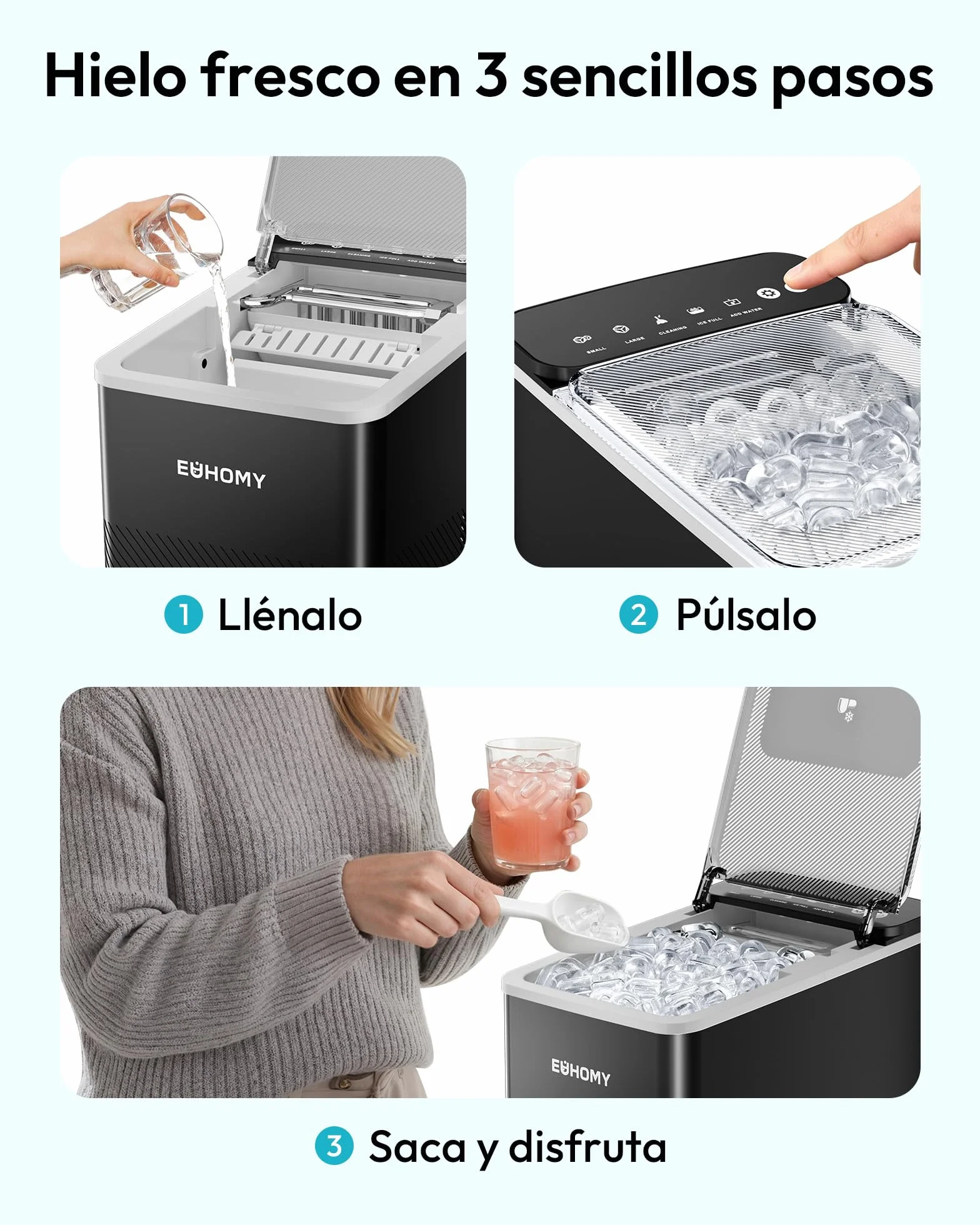 EUHOMY Máquina de hielo compacta, 9 cubitos, 2 tamaños, limpieza automática, negro