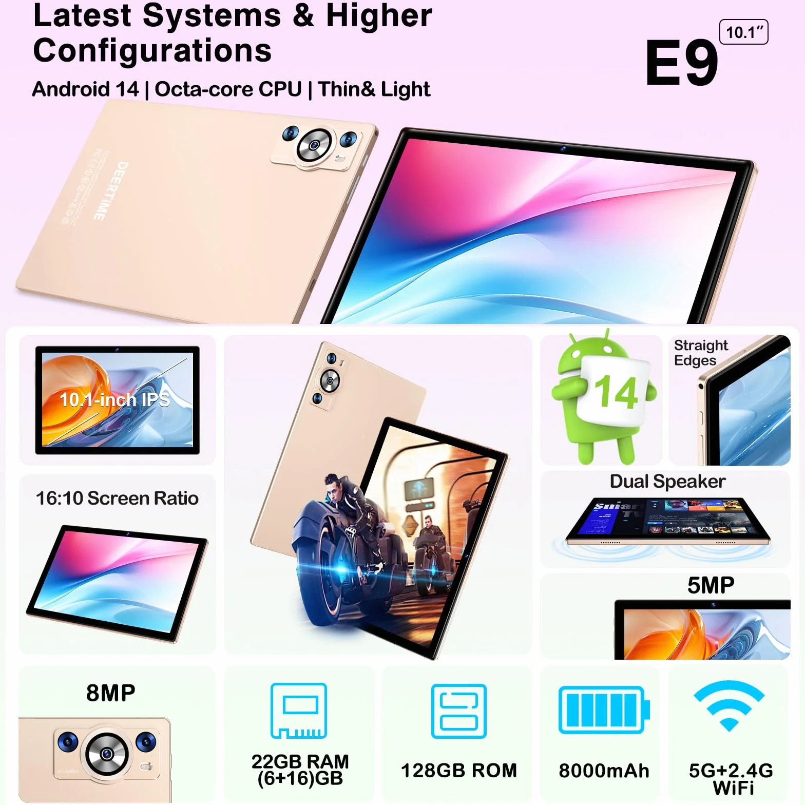 2026 Último Tablet 10 Pulgadas Android, 22GB RAM + 128GB ROM (TF 1TB), Octa-Core 2.0GHz, 5G WiFi, GMS, Widevine L1, 5MP+8MP, 1280*800 Pixels, Bluetooth 5.0, Tableta con Funda, Ratón & Teclado - Dorado