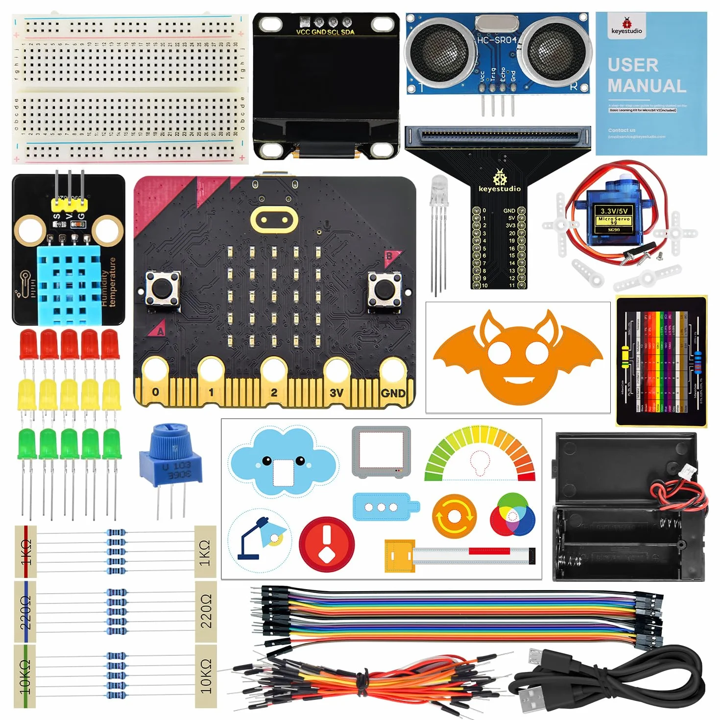 KEYESTUDIO BBC Microbit Starter Kit Sensor Module Kit with Micorobit V2 (Include) with MakeBlocks and Python Code, Detailed Online Tutorial, Example Projects
