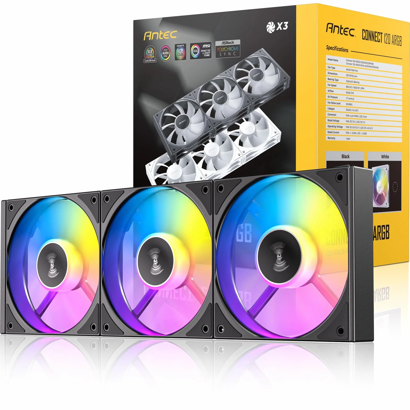 Antec Connect 120 ARGB 3-Pack 120mm PWM Fans with Daisy Chain Design and Vibration-Absorbing Pads