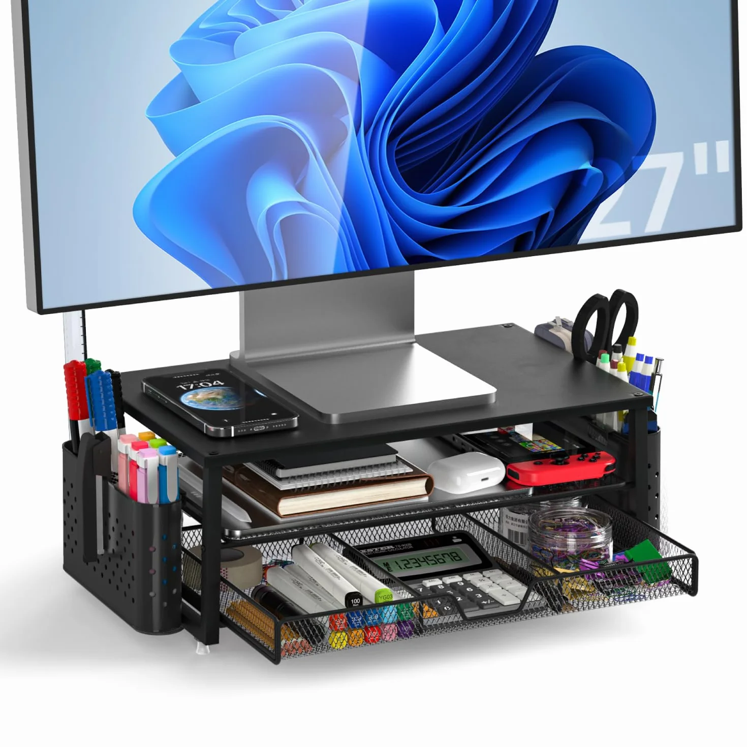 MOWETOO Soporte para monitor con 2 niveles, soporte para impresora, soporte para monitor con plataforma de rejilla, cajón y soporte para bolígrafos, adecuado para portátiles, ordenadores, PC