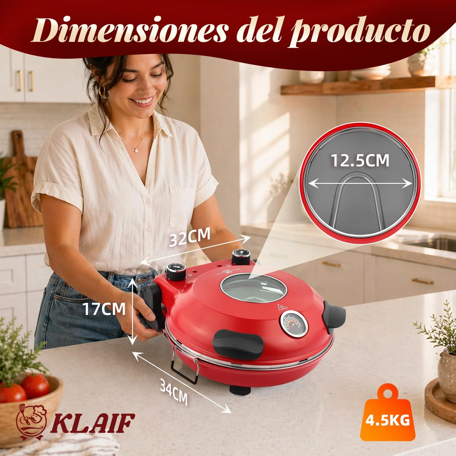 KLAIF Horno eléctrico para pizza 31 cm con piedra de cerámica, controles de temperatura ajustables, 4 herramientas, rojo