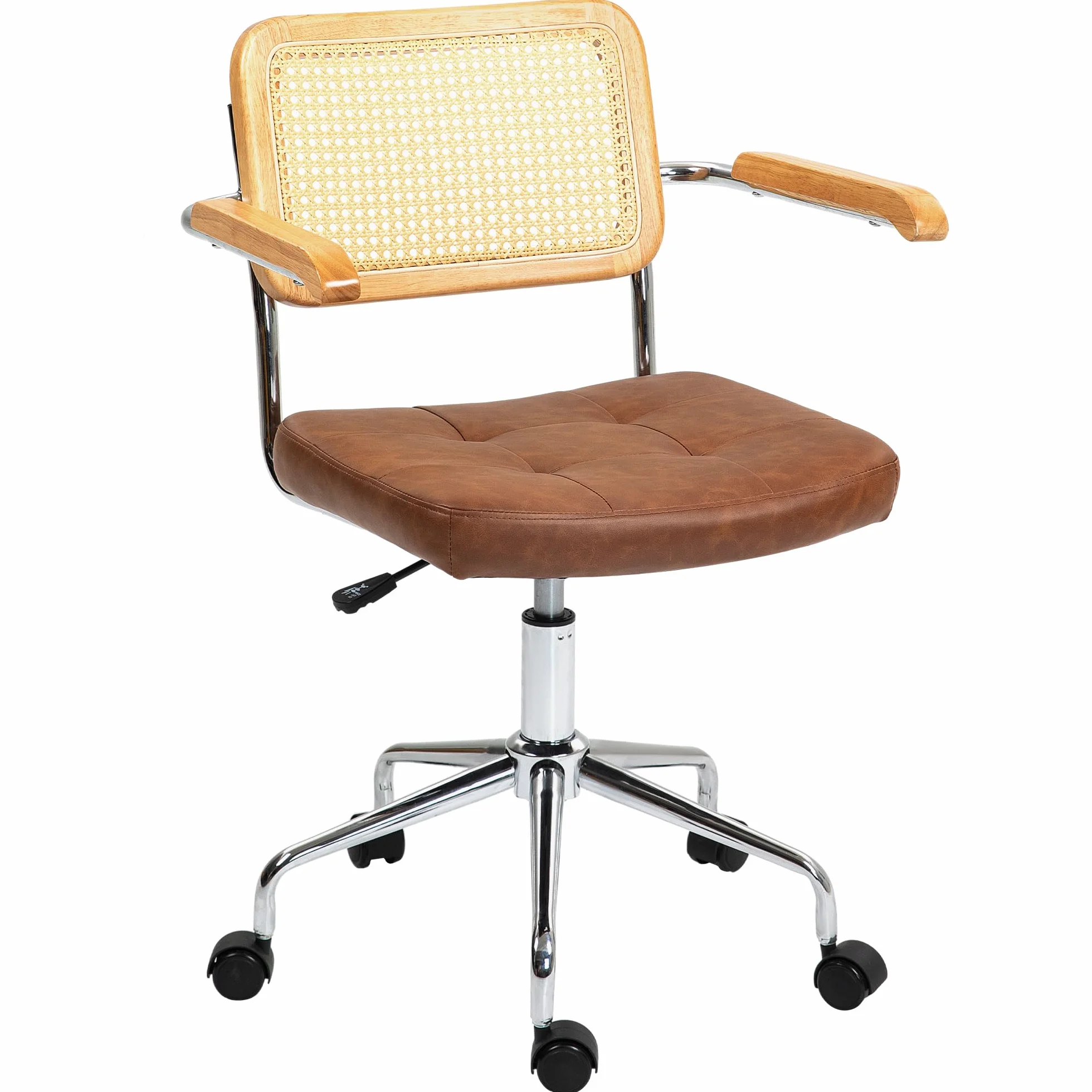 HOMCOM Silla de Oficina Giratoria con Respaldo de Ratán Sintético, Altura Regulable, Carga 120 kg, 60x55,5x82-90 cm, Marrón