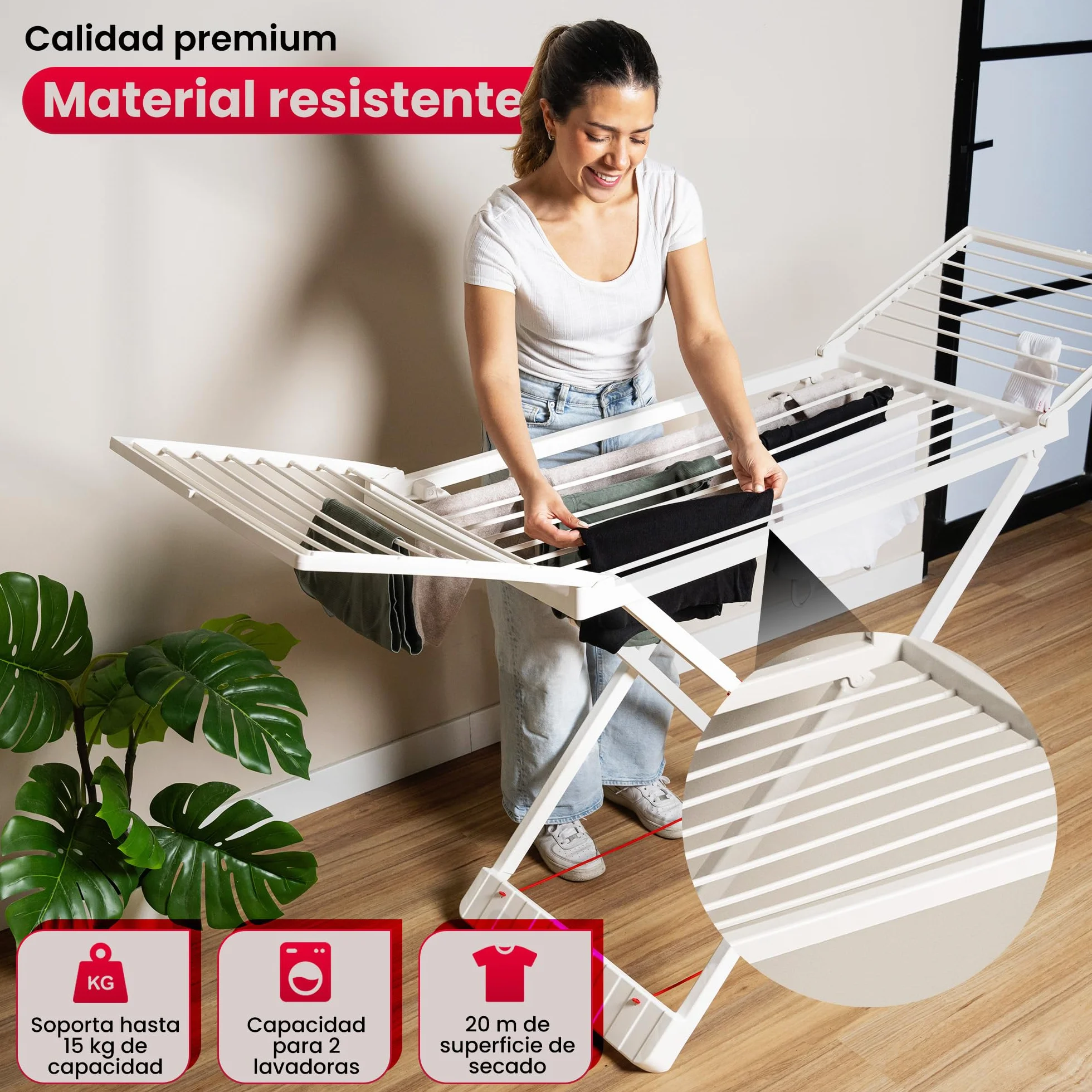 PlasticForte Tendedero Plegable Extendible 20 m para Balcón, Pinzas, Resistente Sol, Marrón