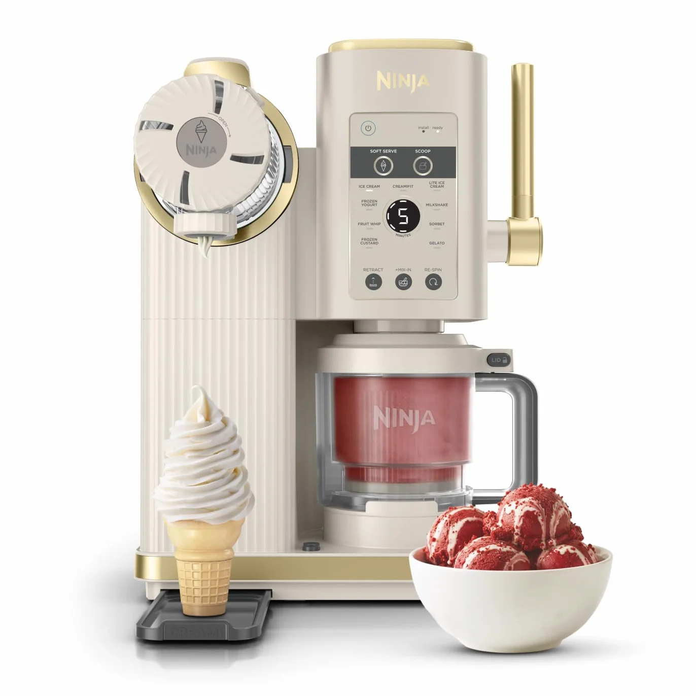 Ninja CREAMi Scoop & Swirl La heladera con 2 tarrinas y 13 funciones prepara helados, helados cremosos, gelatos, batidos y más, y cuenta con la opción de añadir extras, piedra/dorado, NC701EUSTGD
