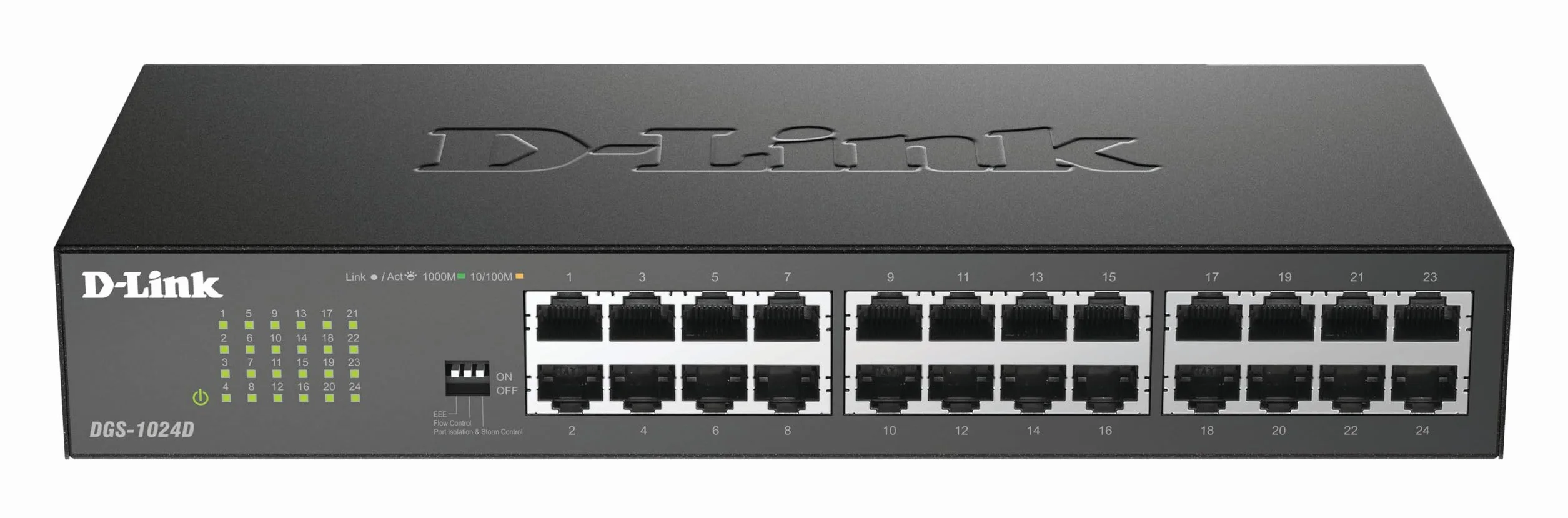 D-Link DGS-1024D - Switch 24 Puertos Gigabit (LAN RJ-45, sin gestión, 1000 Mbps por Puerto, QoS, Carcasa metálica, Montaje en Rack para pymes) Color Negro y Plata