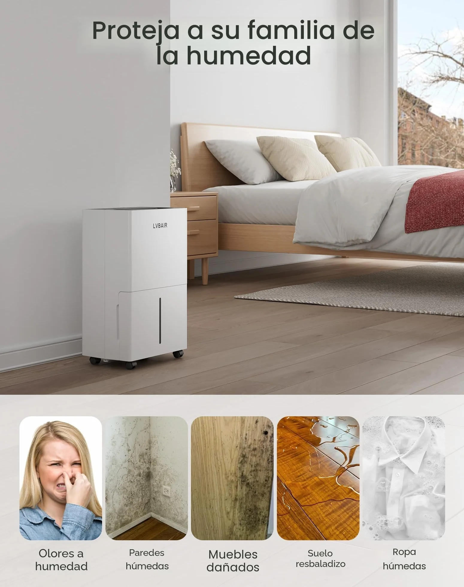 Deshumidificador eléctrico 20 l/día, portátil, 3 modos, control inteligente de humedad