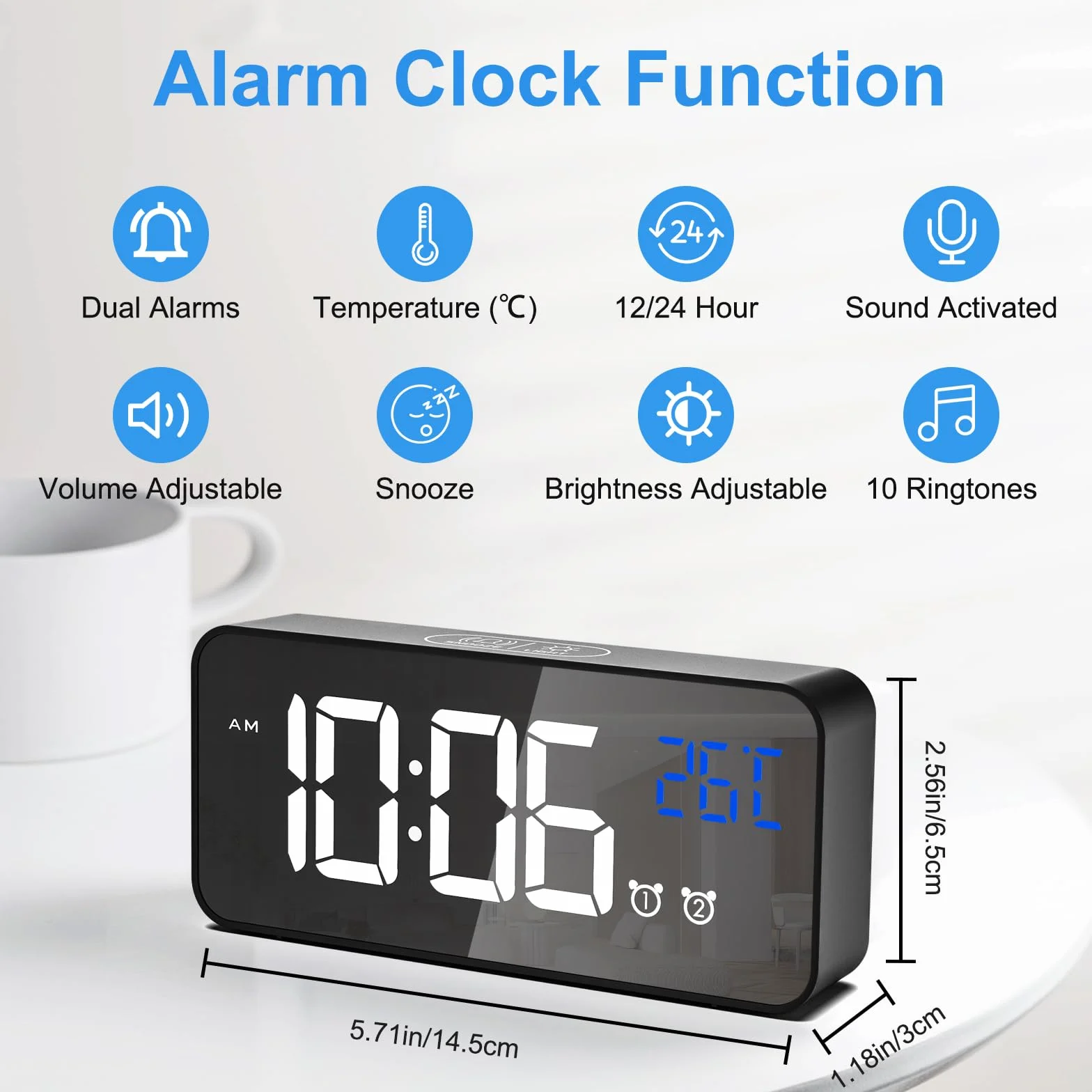 CHEREEKI Reloj Despertador Digital con Temperatura, Brillo Ajustable, Alarma Dual, Puerto USB