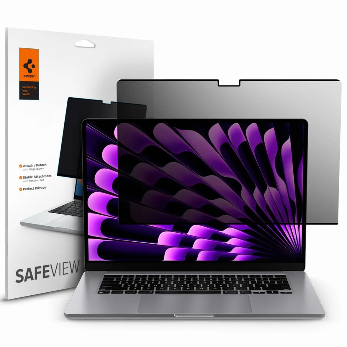 Spigen SafeView Protector Pantalla Filtro Privacidad para MacBook Air 15 Pulgadas (M5 2026 / M4 2025 / M3 2024 / M2 2023), 1 Unidad, Anti-Espía, Cobertura Completa, Con paño de limpieza y estuche