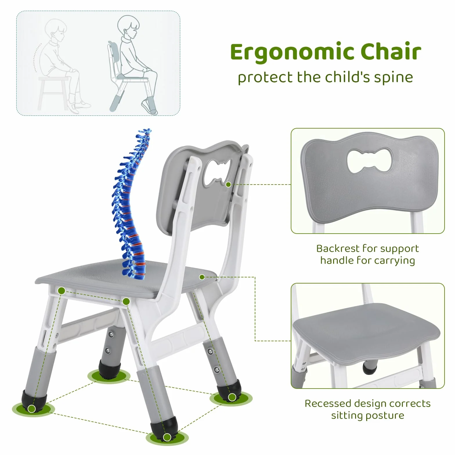 MAMIZO Mesa Infantil con 2 Sillas Ajustable, Muebles de Plástico para Niños, Gris Cuadrada