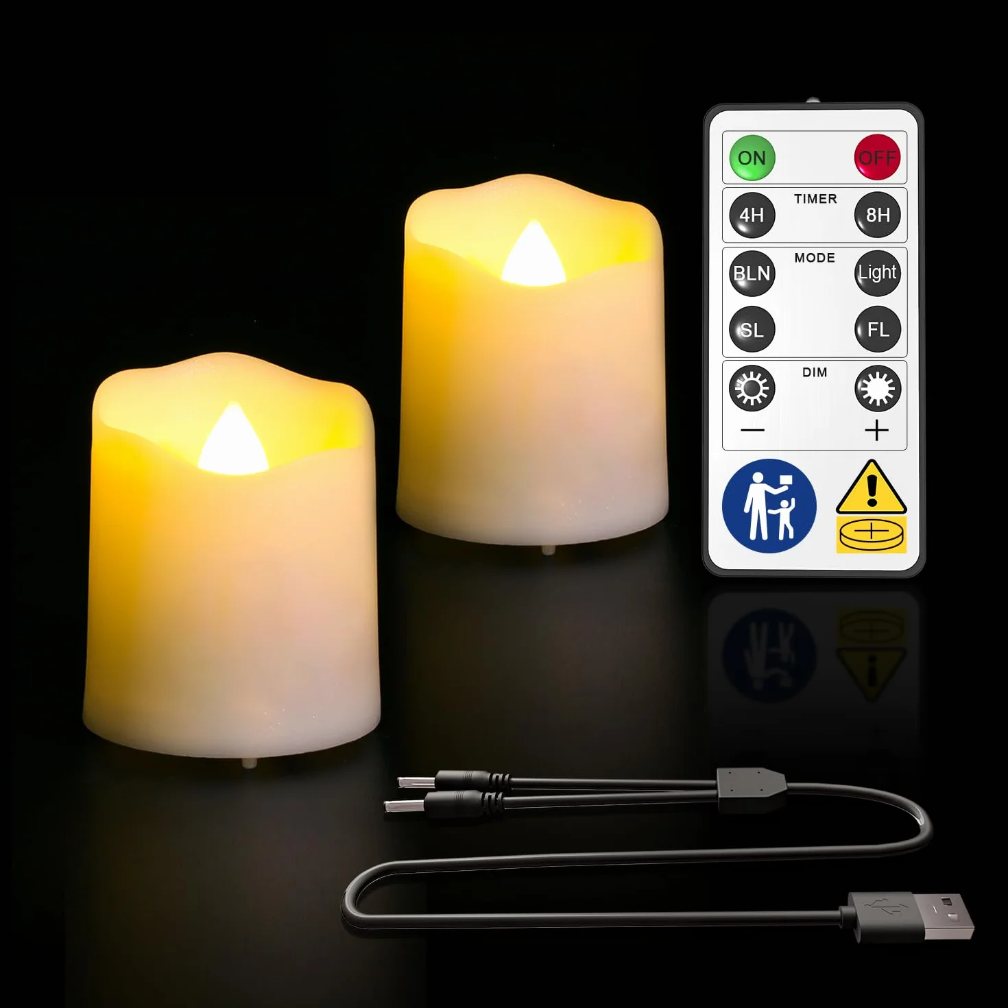 PChero Paquete de 2 velas LED recargables sin llama con temporizador remoto, luces de vela parpadeantes a pilas con cable de carga USB para decoración del hogar, festival