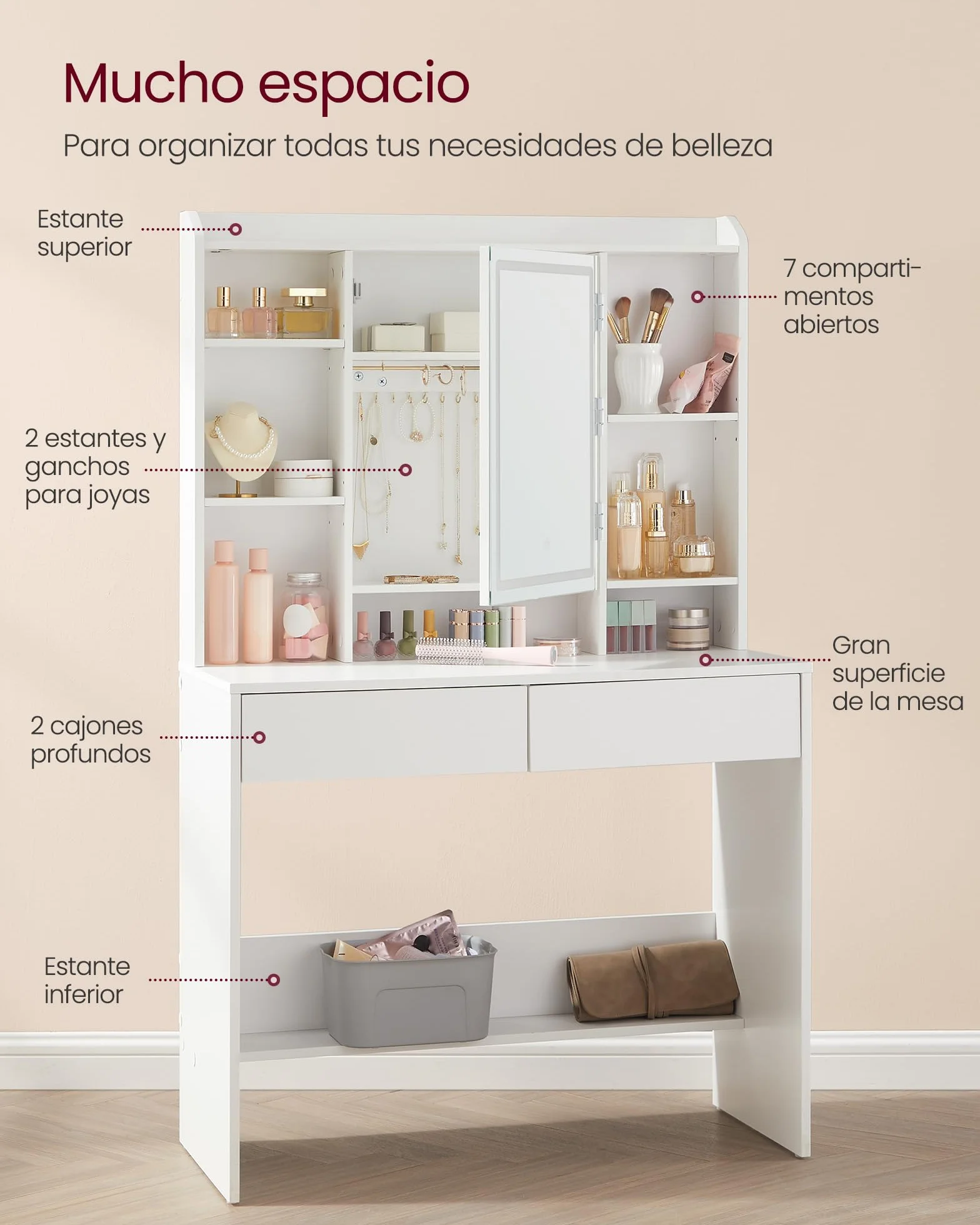 VASAGLE Kailyn Colección Tocador con Luces LED de 3 Colores Brillo Ajustable Mesa de Maquillaje Espejo Estantes Ajustables 2 Cajones Blanco