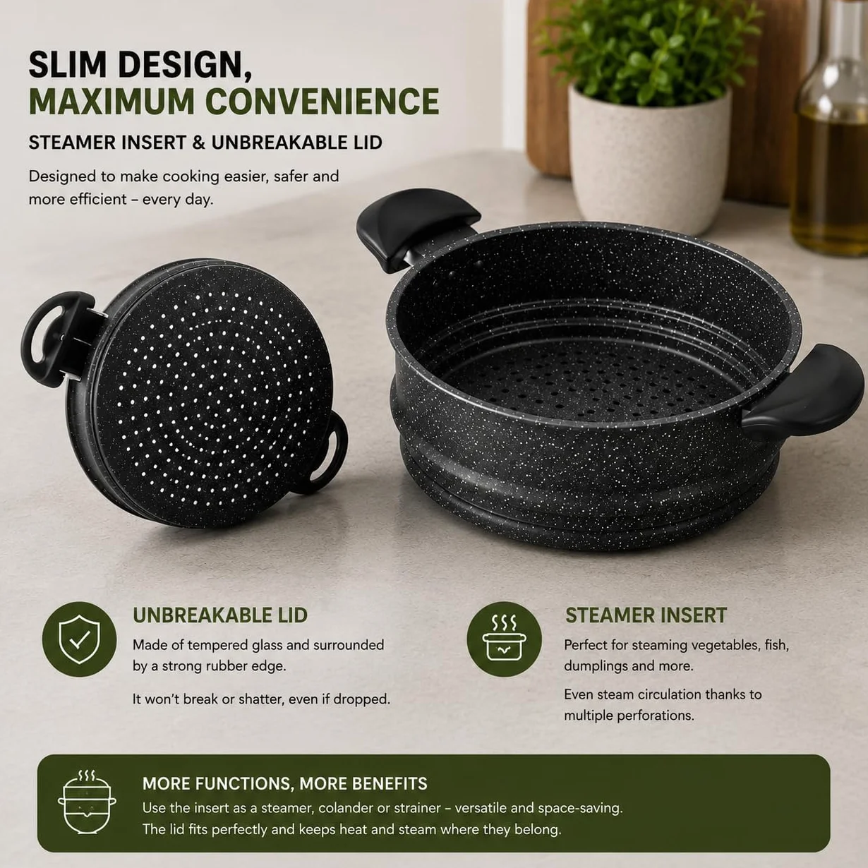 Royal Swiss Cuscoussier 30 cm 14L tapa de cristal revestimiento piedra antiadherente aluminio negro inducción olla vapor couscous verduras