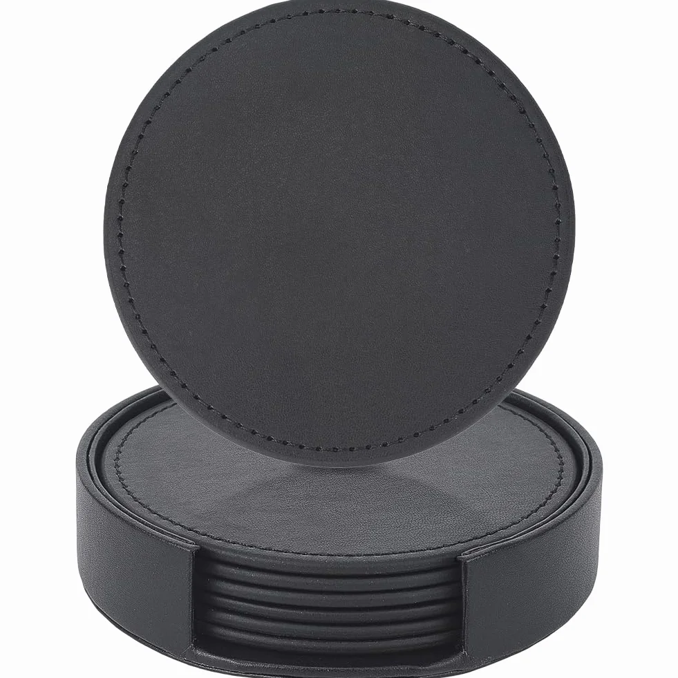 Posavasos de Cuero Sintético de 6cm Redondos Negros Antideslizantes con Protección contra Derrames