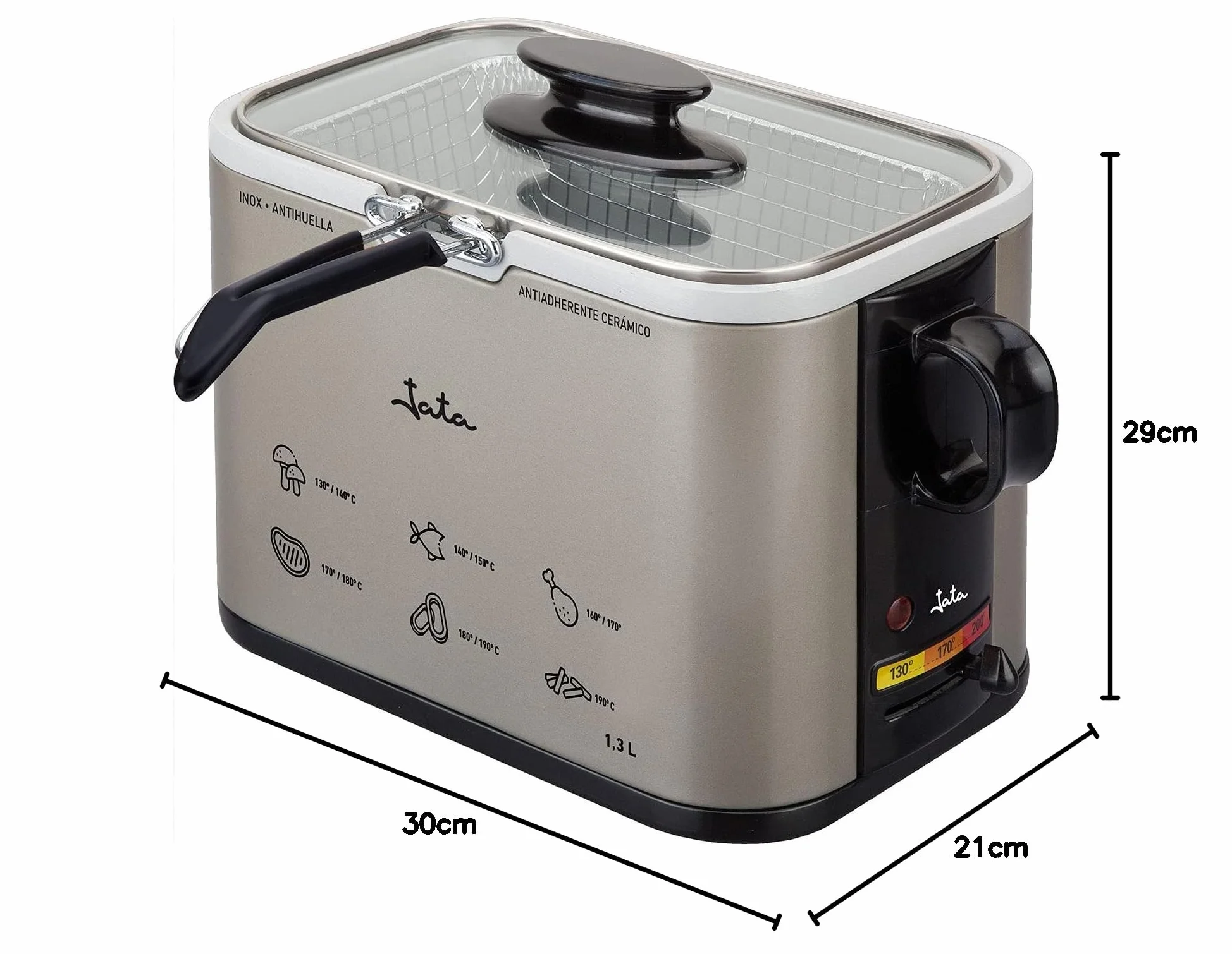 JATA FR326E Freidora de Aceite Inox 1.3L, Freidora Eléctrica con Cuba Cerámica Antiadherente, Termostato Regulable