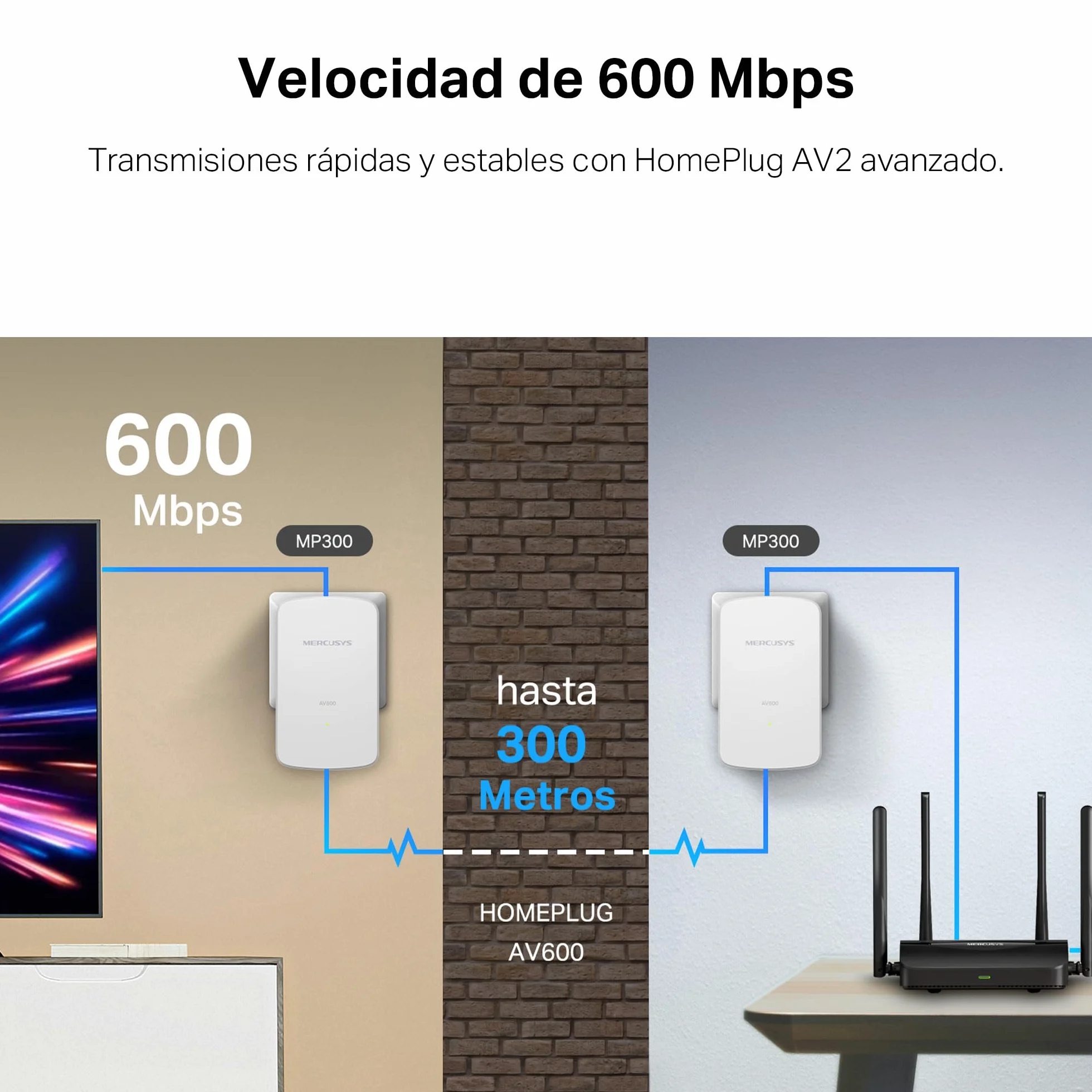 MERCUSYS MP300 Kit – Kit Powerline AV600, hasta 600 Mbps por Red eléctrica, Alcance de 300 m, Puerto Ethernet 10/100 Mbps, Plug and Play, Ahorro de energía hasta 85 %