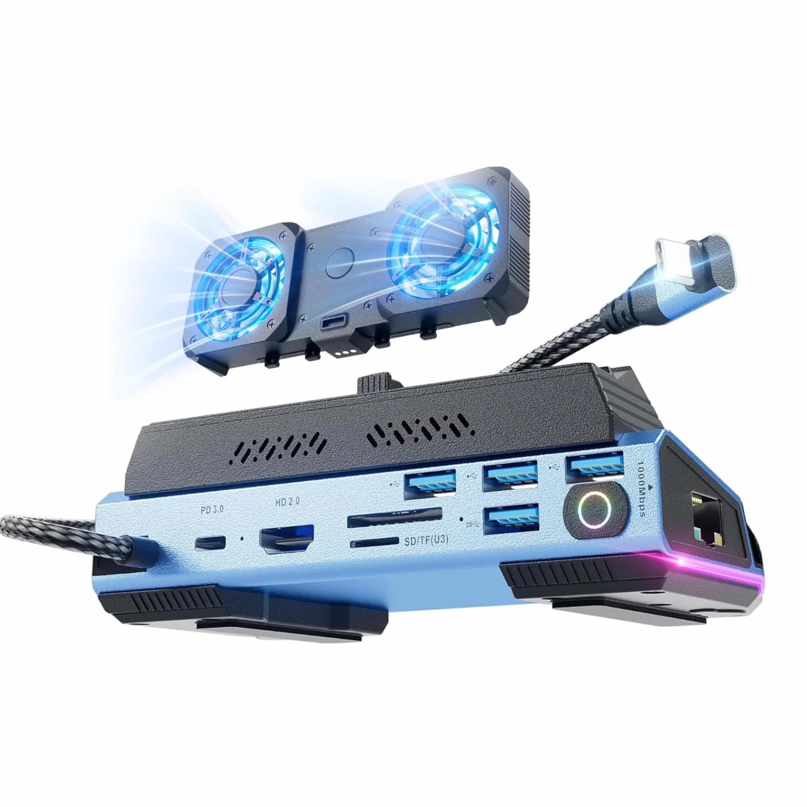 9 en 1 Estación de Acoplamiento para la Cubierta de Vapor, Rog Ally X, Legion Go, HDMI 4K@60Hz, 1 Gbps Ethernet, 4 Puertos USB. Cargo por PD de 100W, con Ventilador