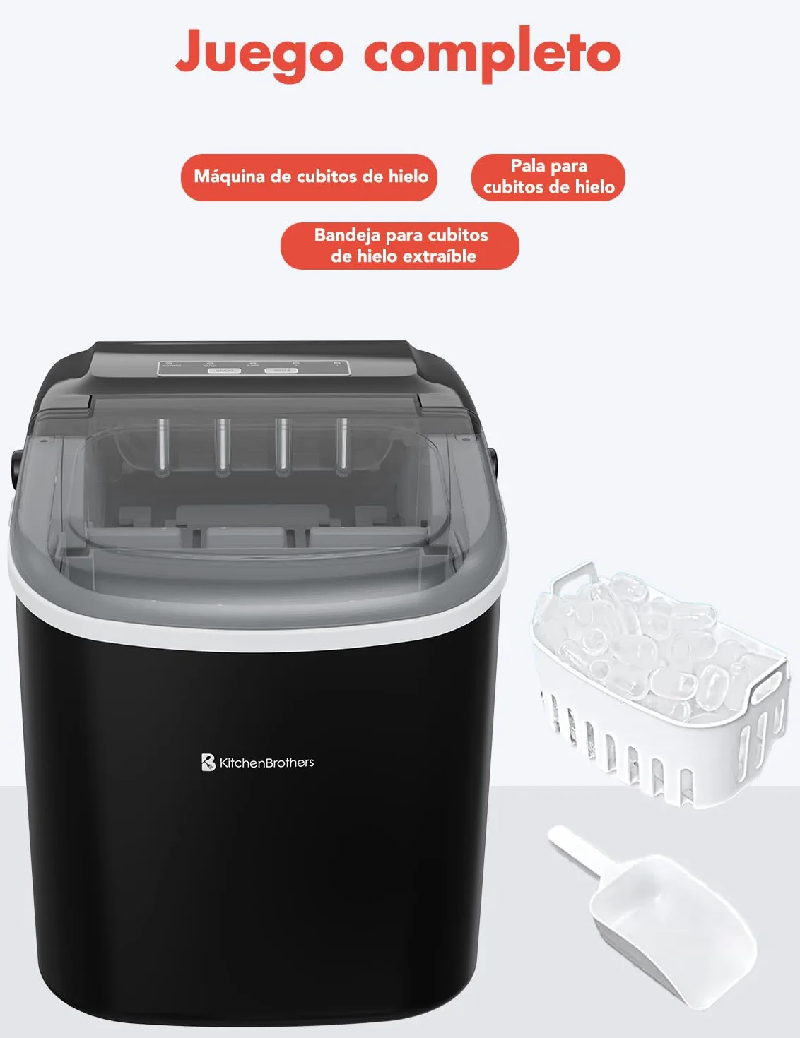 KitchenBrothers Ice Maker Portátil 1,2L - Máquina de Hielo 9 Cubitos en 8 Min con Pala