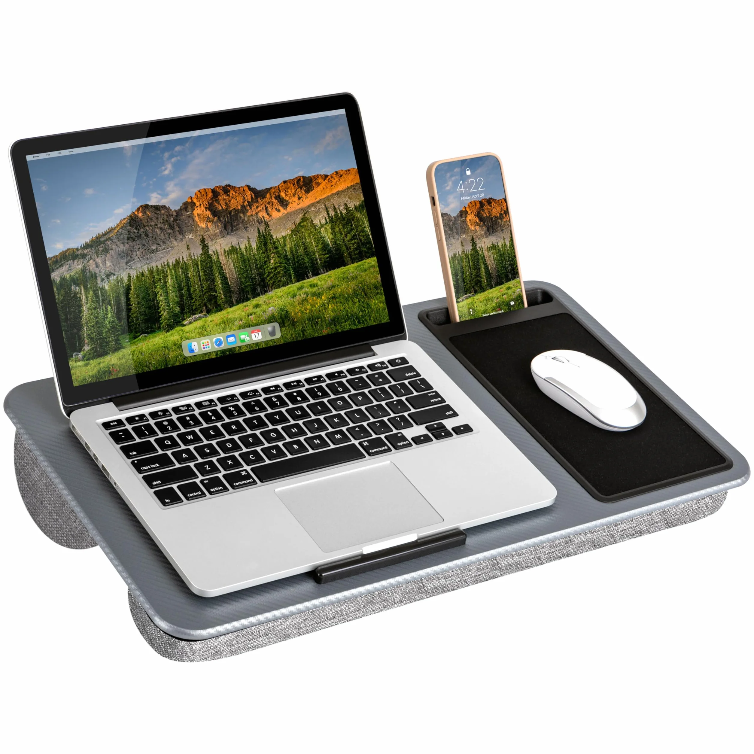 LAPGEAR 91585 - Escritorio de Regazo para Oficina en casa con repisa para Dispositivos, Alfombrilla para Mouse y Soporte para teléfono, Color carbón Plateado, se Adapta a portátiles de hasta 15,6
