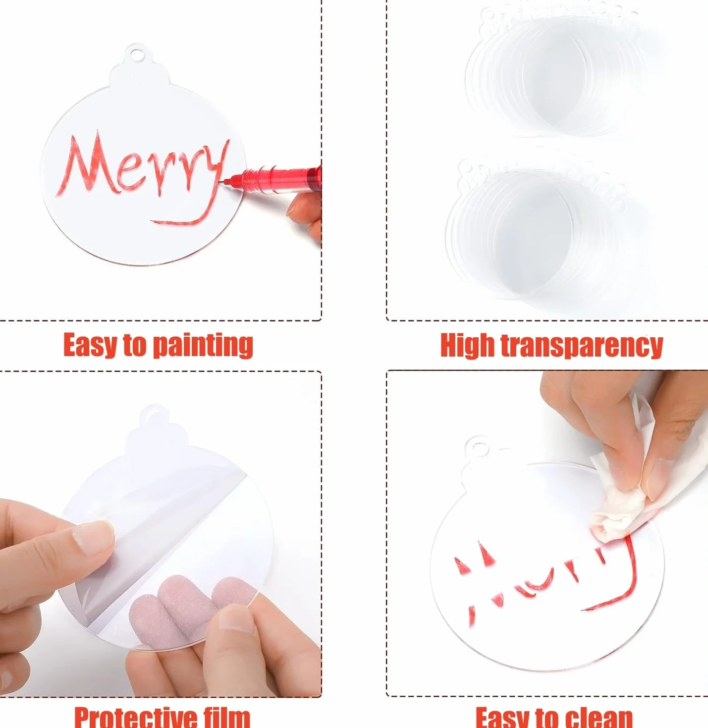 Adorno de Navidad 60 Piezas Disco de Acrílico Transparente 7,6CM Redondo con Cinta Roja para Árbol de Navidad