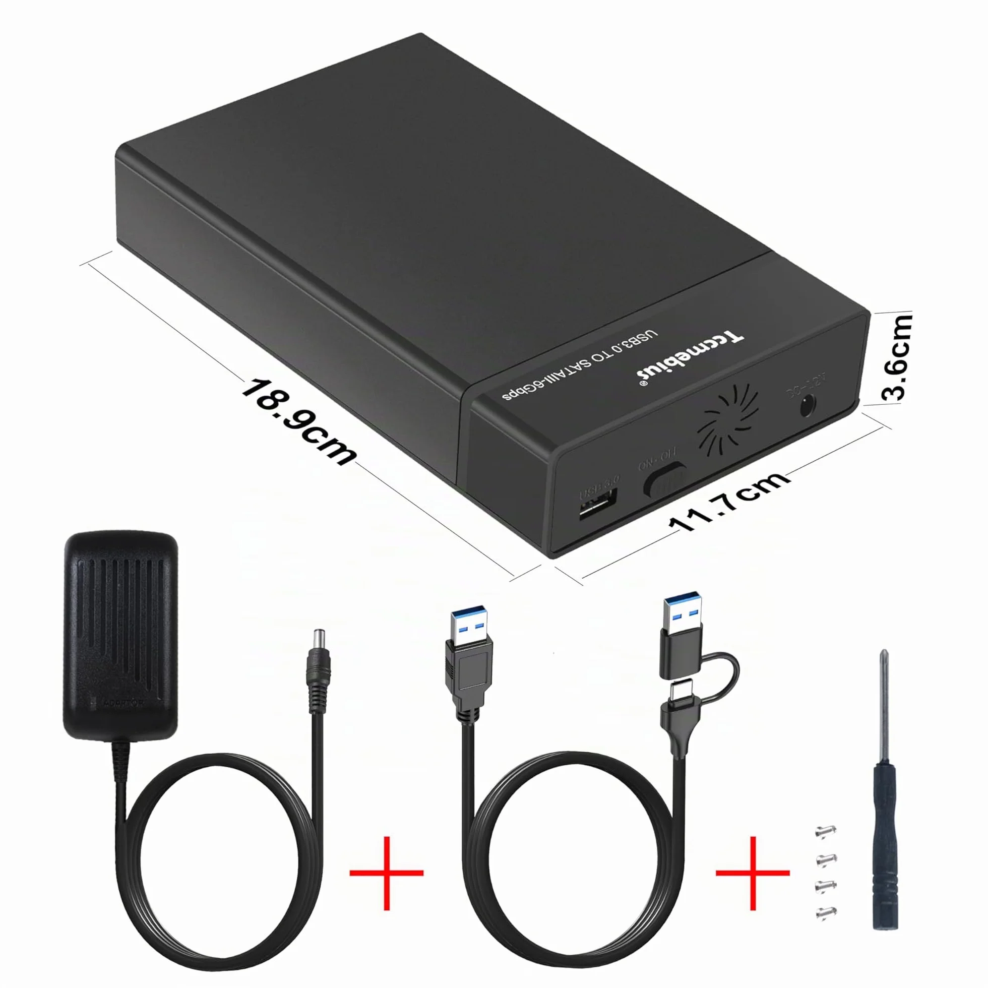 Carcasa Disco Duro, USB 3.0 Caja 3.5 Externo para 2,5 3,5 Pulgadas SATA HDD SSD hasta 22TB, con Adaptador de Corriente 12V3A Cable USB A/C, Soporte UASP Función de sueño automática (TCC-S8)