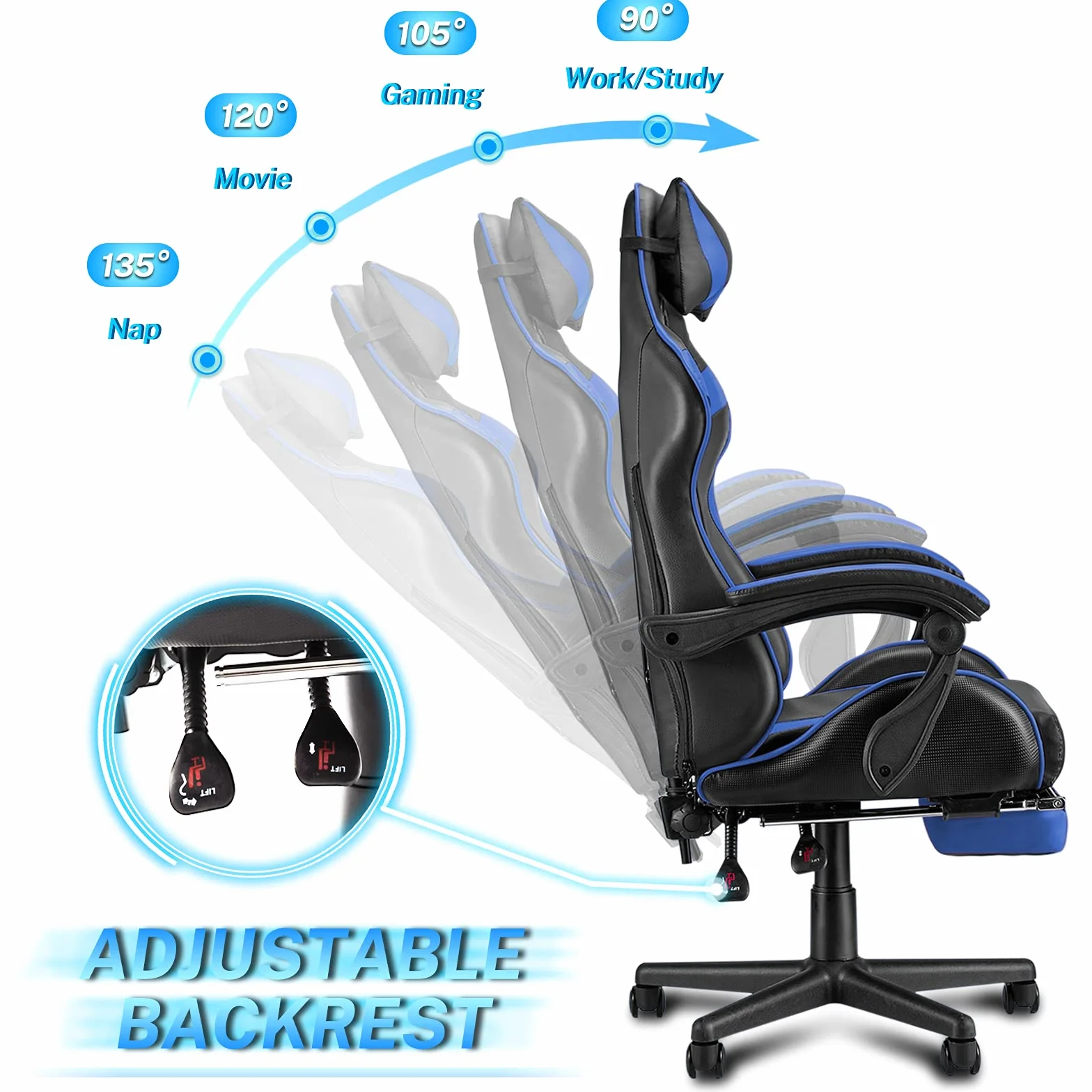 Soontrans Silla Gaming con Masajeador, Reposapiés y Reposacabezas, Cojín Lumbar de Masaje, Sillón Gamer para Livestreaming (Azul)