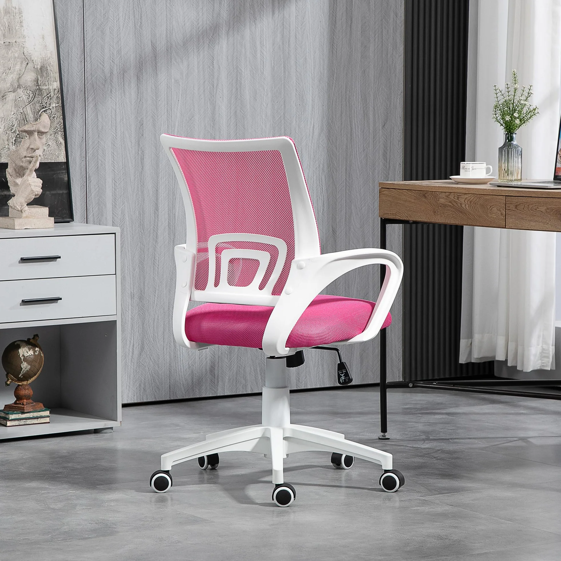 HOMCOM Silla de Oficina de Malla Giratoria Altura Ajustable Basculante Soporte Lumbar Reposabrazos Carga 120 kg Rosa