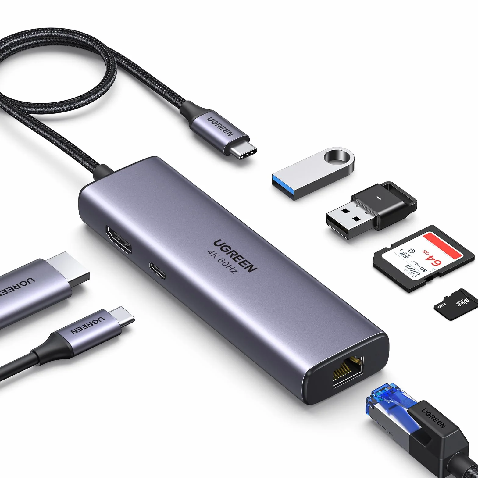 UGREEN Revodok 107 Hub USB C HDMI 4K 60Hz Adaptador Tipo C Ethernet RJ45 Gigabit Lector Tarjeta SD TF PD 100W Carga Docking Station Compatible con MacBook Neo iPad Pro Air iPhone 17 Pro MAX Air