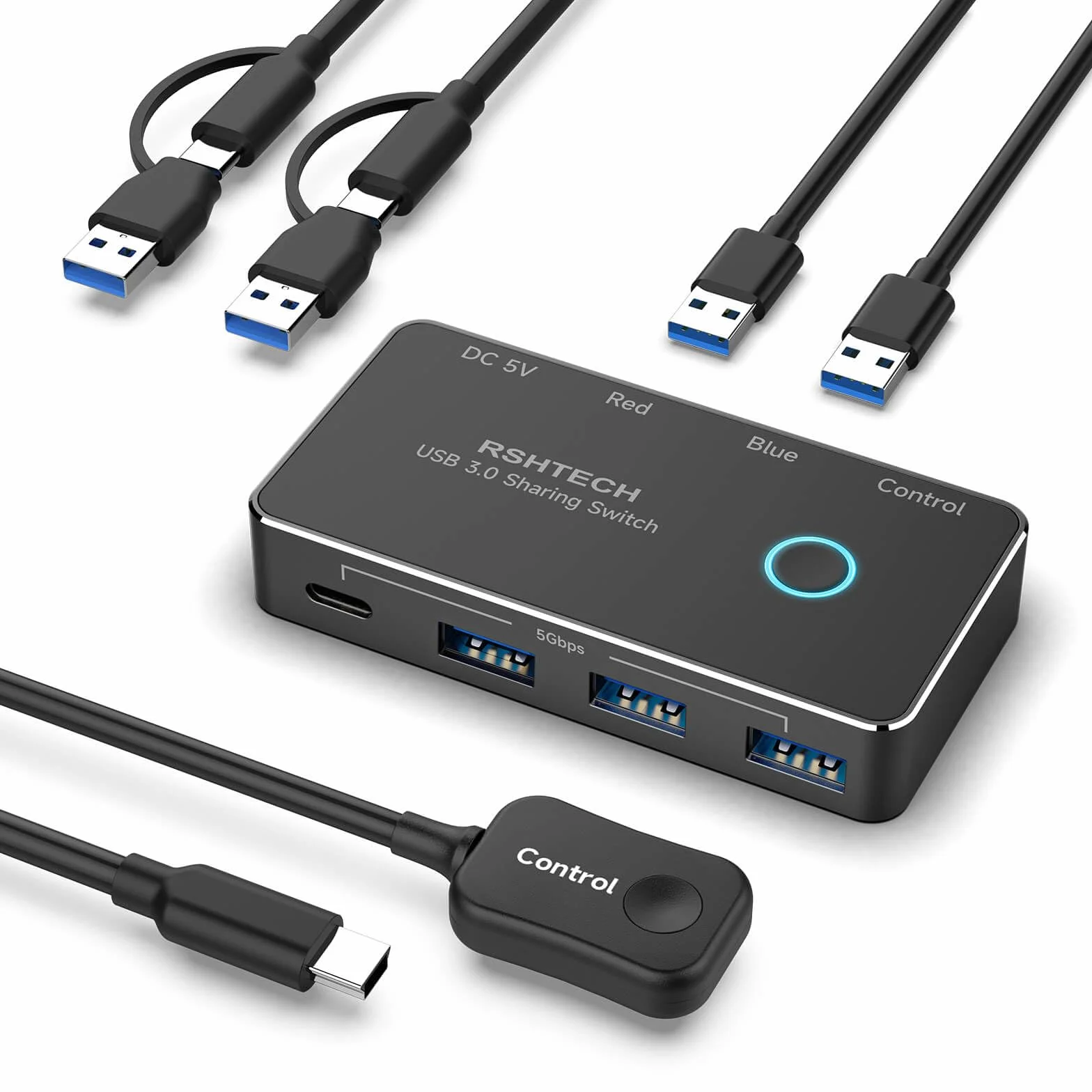 RSHTECH Switch USB 3.0/USB-C para 2 Computadoras Que Comparten 4 Puertos de Datos USB 3.0 (1C+3A), Selector Conmutador USB con 2 Cables y Control Remoto para PC, Portátil, Teclado, Ratón e Impresora