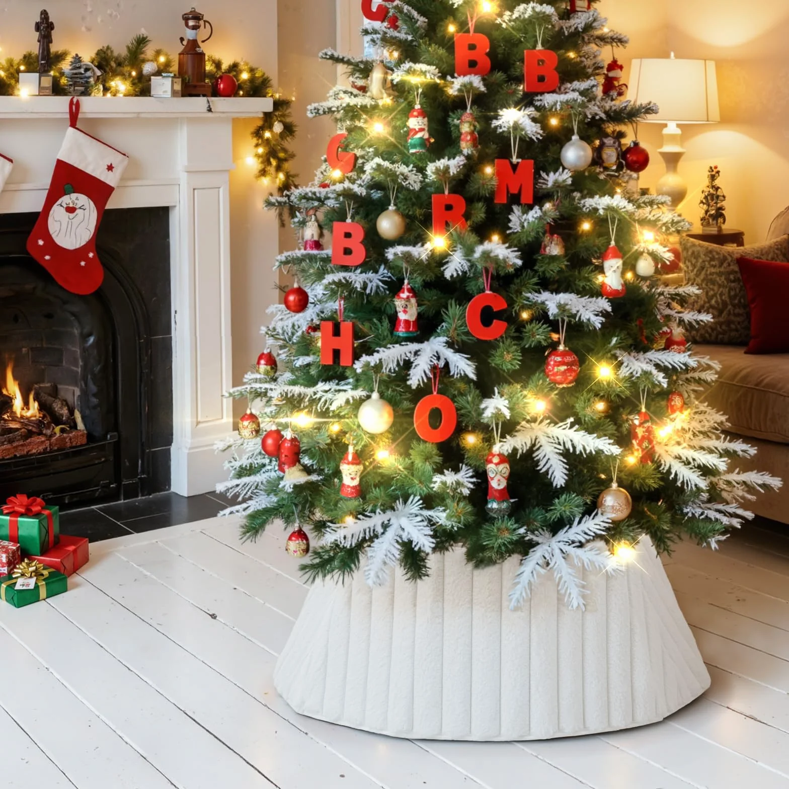Collar de Árbol de Navidad 60cm Piel Sintética Falda Cubre Base Alfombra Decoración Navideña Interior Blanco