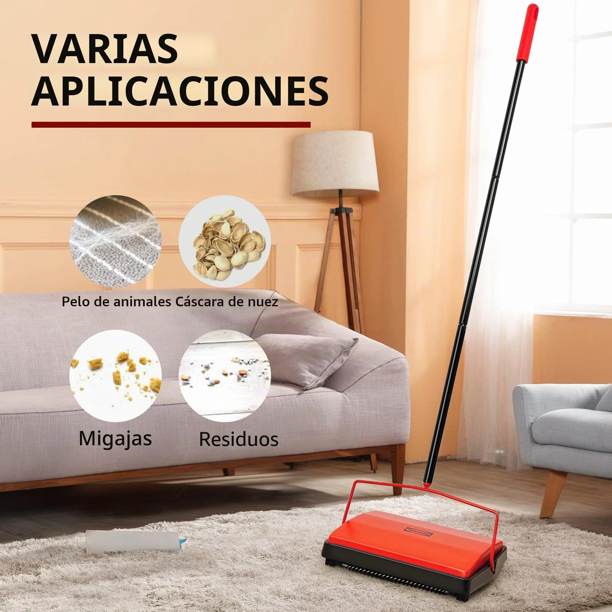 JEHONN Barredora Manual de Tapetes Cepillo de Crin de Caballo para Pelos de Mascotas Rojo
