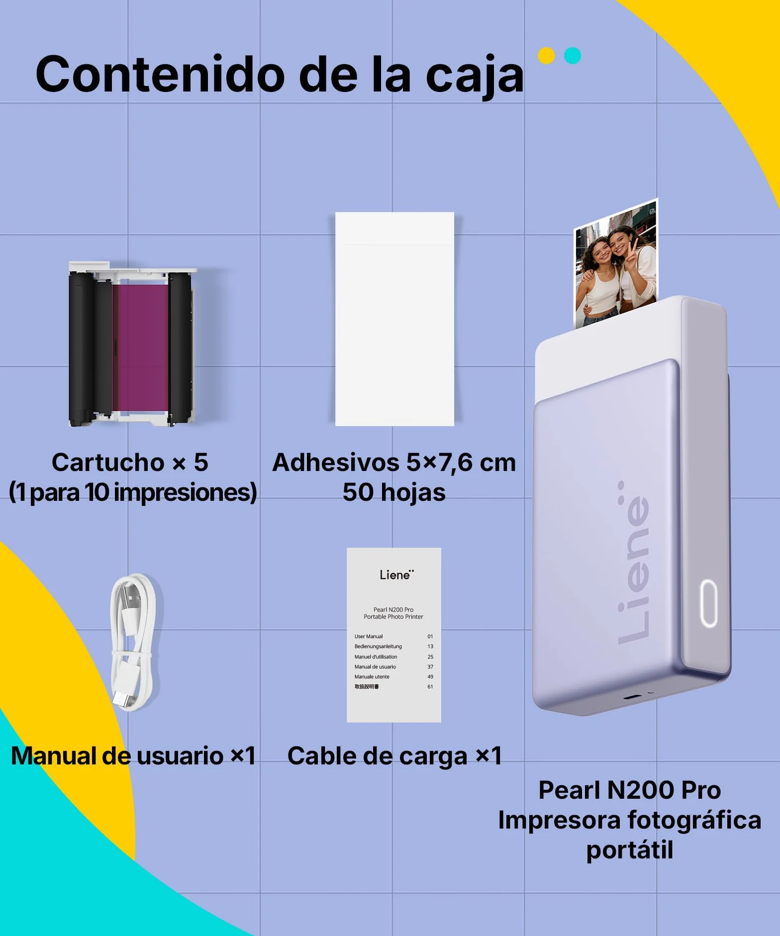Liene Pearl N200 Pro Kit de Recarga Original: 50 Hojas de Papel de Fotos Adhesivo (5x7.6 cm) y 5 Cintas. Adhesivo, Impermeable y Duradero. Ideal para DIY y Regalos. Solo para DMP130, Púrpura.